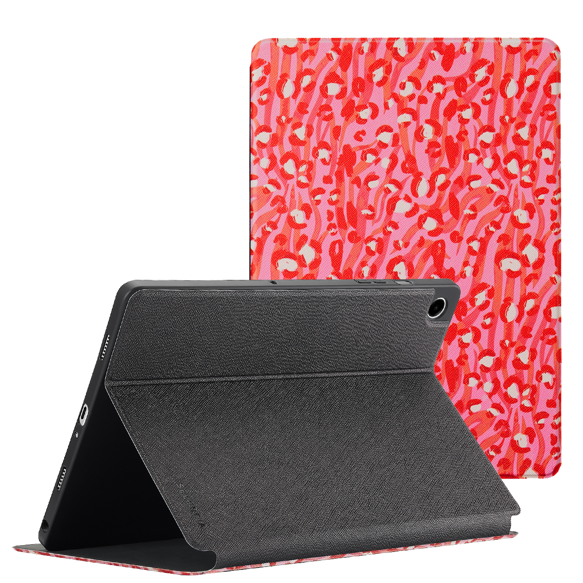 Étui de tablette avec imprimé léopard rouge et rose. Tablette dans un étui noir. L'étui s'ouvre.