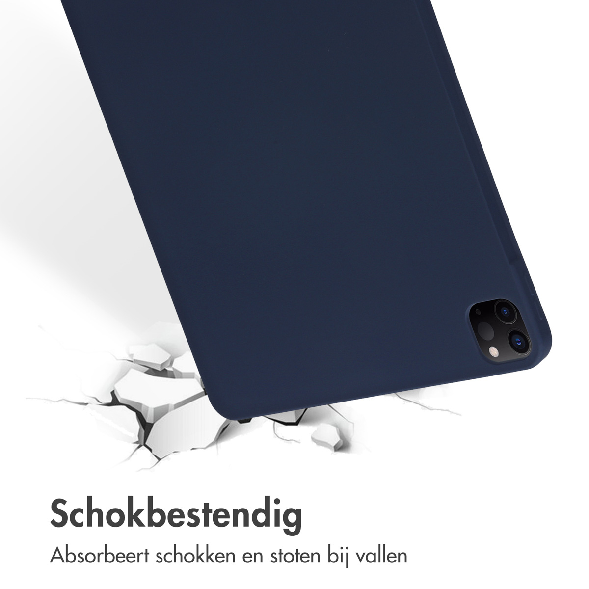 Blauwe tablethoes met scheuren op de grond. Tablet en hoes zijn licht gekanteld. Tekst: Schokbestendig.