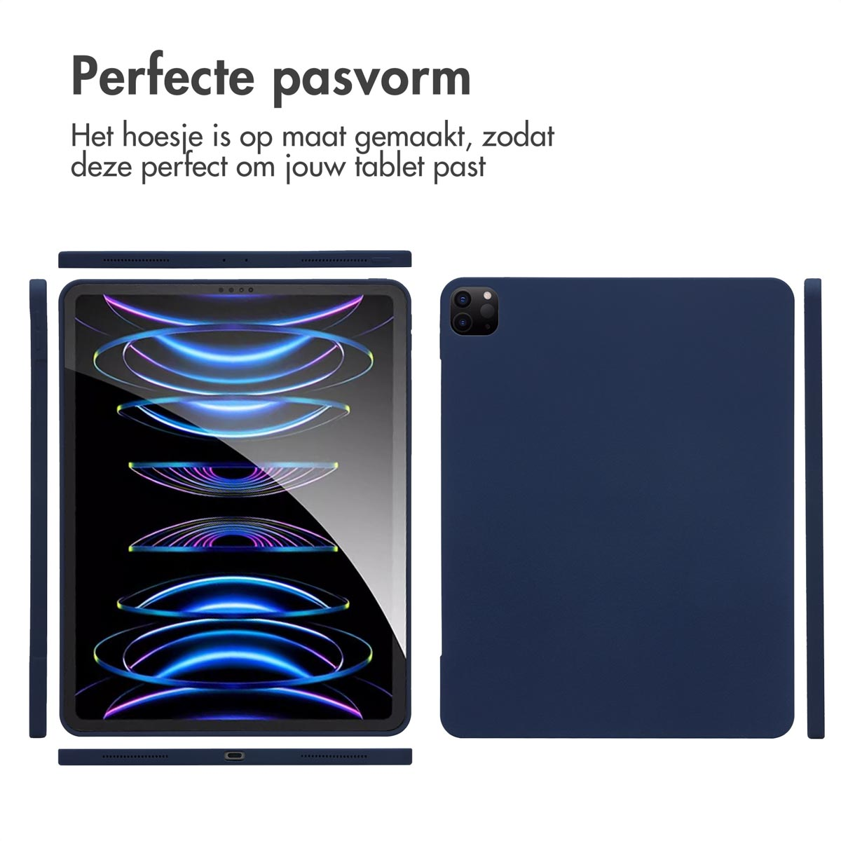Tablet en hoes. De hoes is blauw. De hoes is een perfecte pasvorm.
