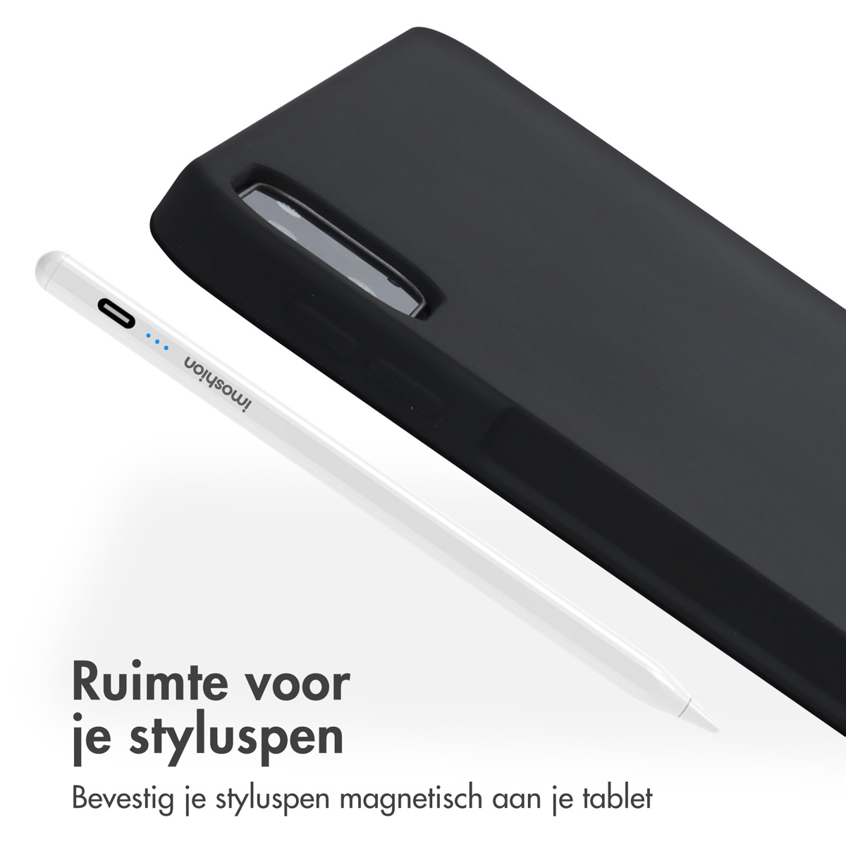 Black tablet case and white stylus pen. Pen is resting on the case. Text reads: Space for your stylus pen.
