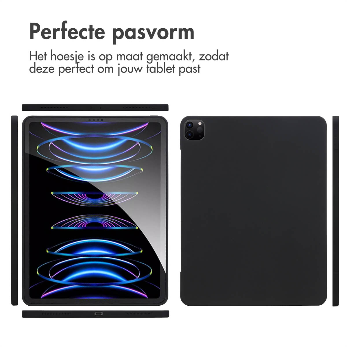 Black tablet case with a tablet in it. Case parts are shown. Text: Perfect fit. The case fits perfectly.