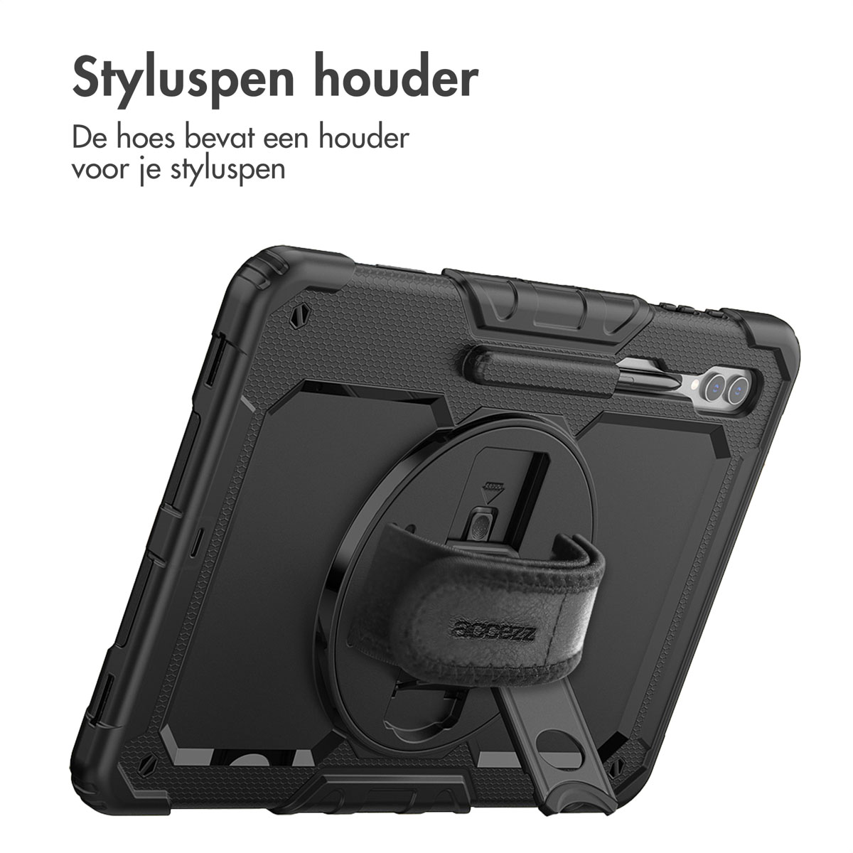 A black tablet case with a stylus holder, a hand strap, and a kickstand. Text says 'Styluspen houder'.