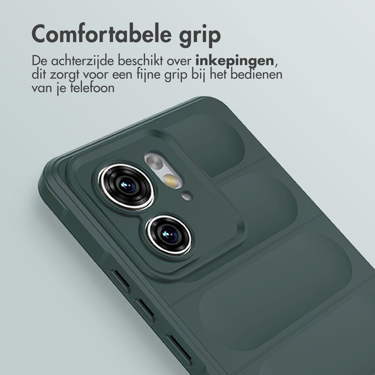 Coque de téléphone vert foncé avec deux objectifs d'appareil photo. La coque a des encoches. Texte : Prise en main confortable.