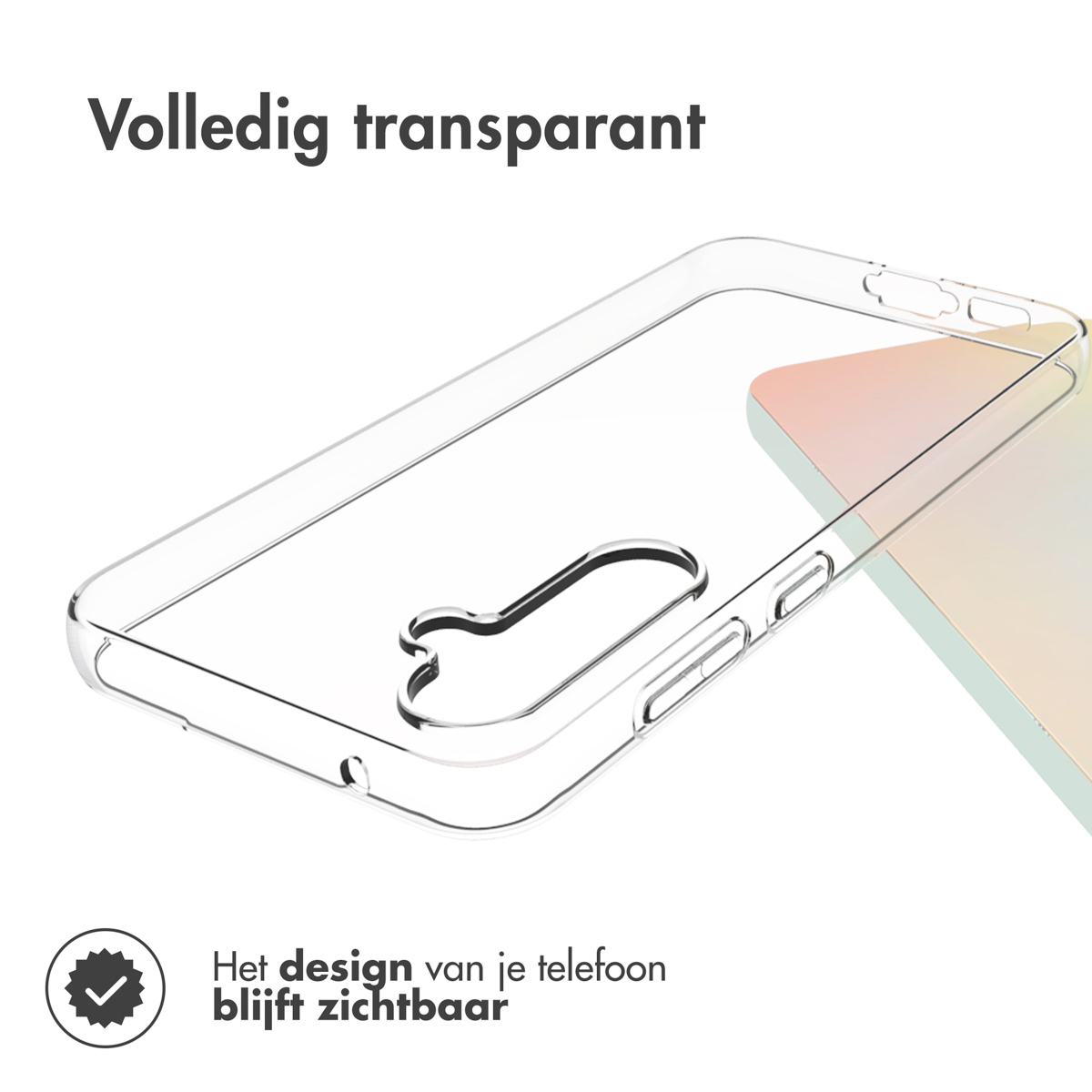 Una custodia trasparente per telefono. Un telefono è parzialmente visibile. La custodia è trasparente.