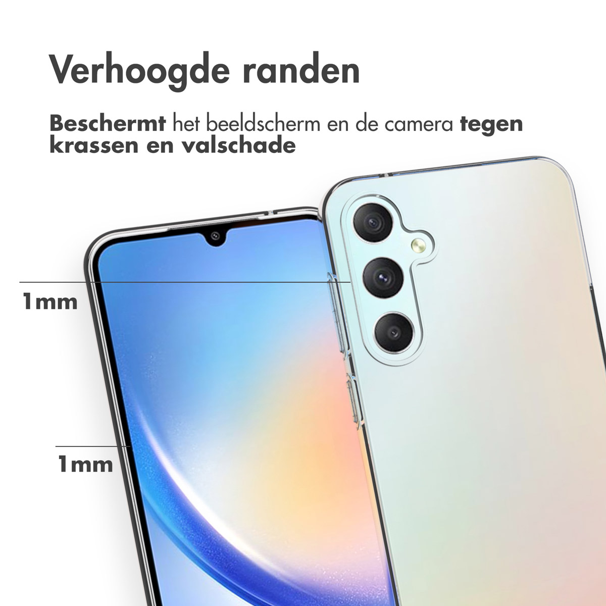 Een telefoon en een hoesje met tekst 'Verhoogde randen' en afmetingen voor het scherm en de camera.