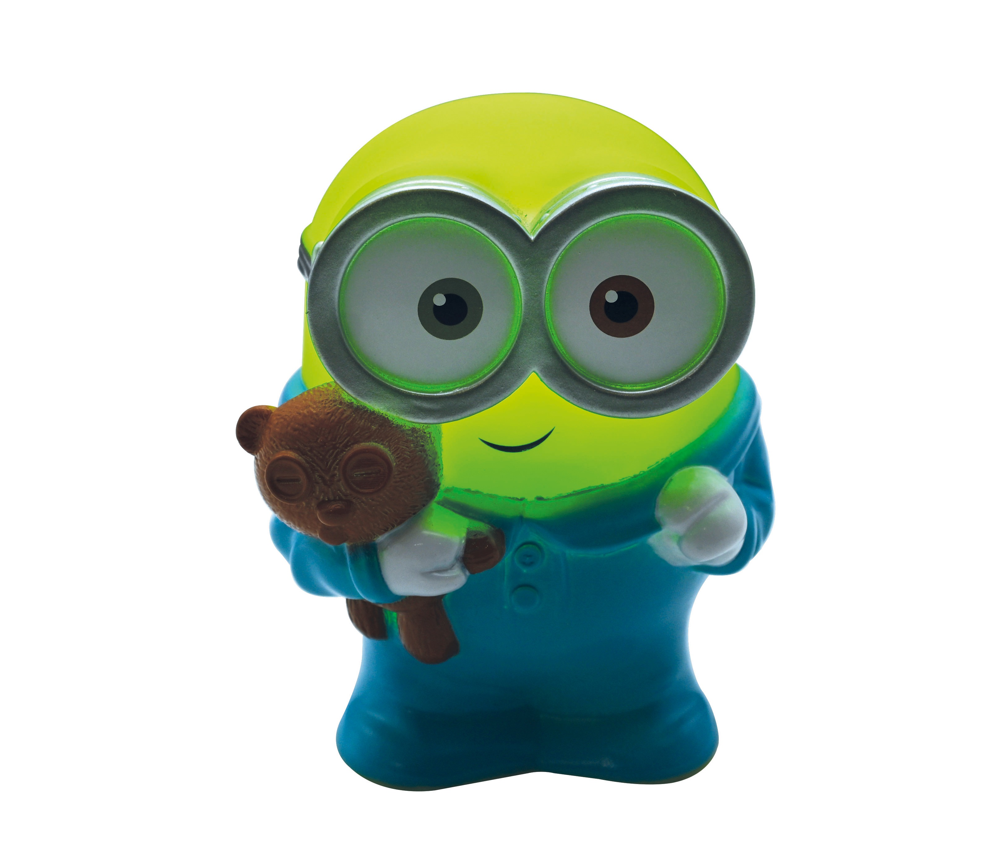 Ein Minion-Spielzeug in blauen Pyjamas hält einen Teddybären. Der Hintergrund ist weiß. Der Minion hat große Augen und ein Lächeln.