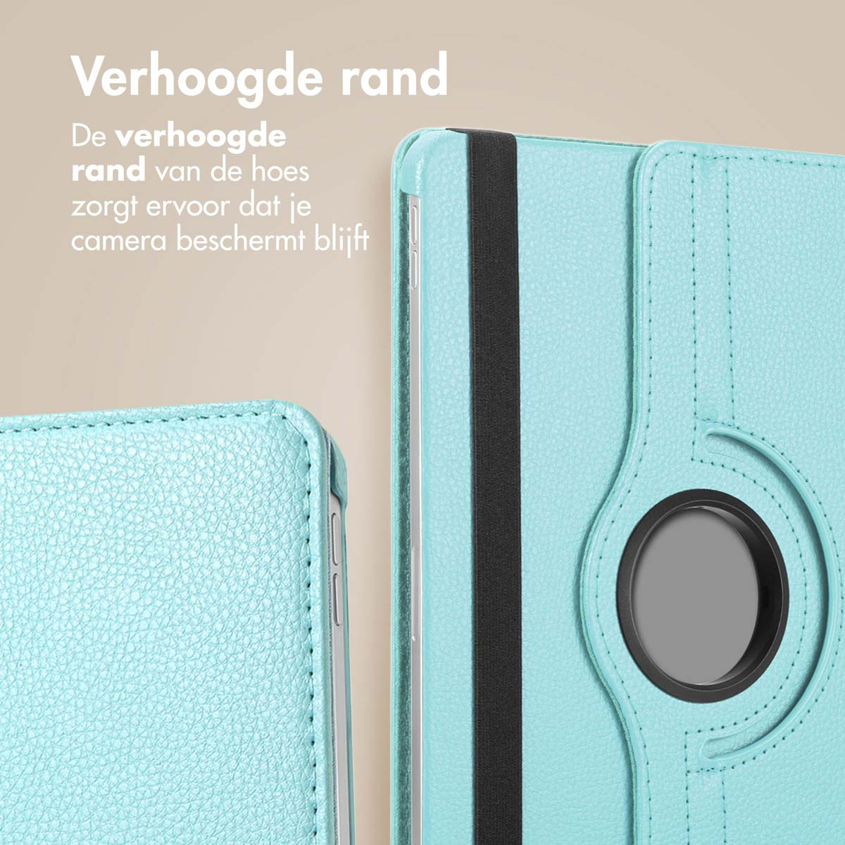 Close-up van een turquoise tablethoes met een zwarte elastische band en een roterend gedeelte.