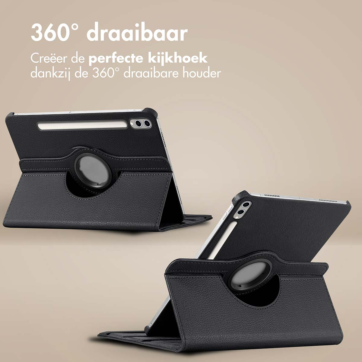 Trois étuis noirs pour tablettes. Chaque étui contient une tablette et peut pivoter à 360 degrés.