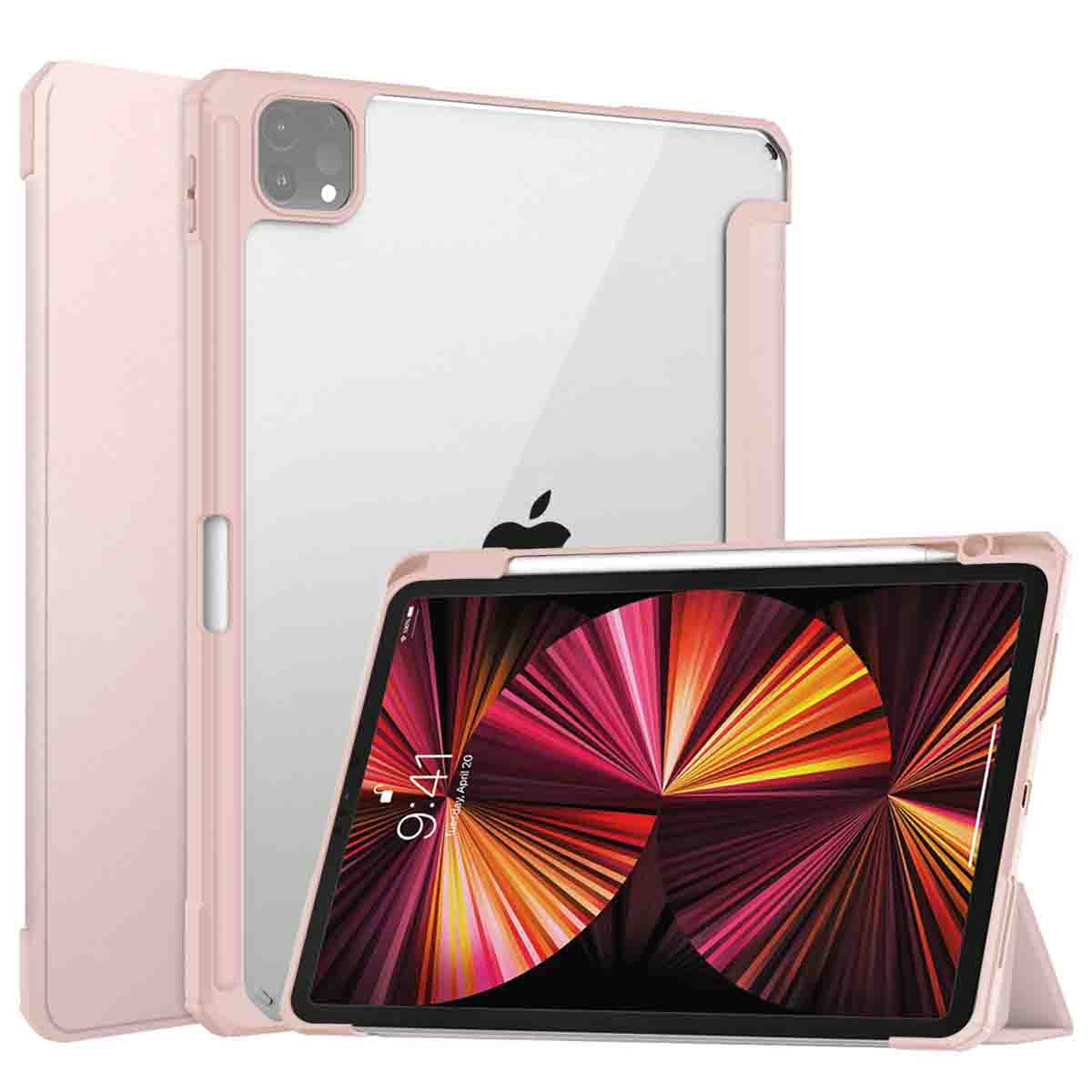 A pink tablet case with a tablet inside. The tablet displays an image. The case is partially open.