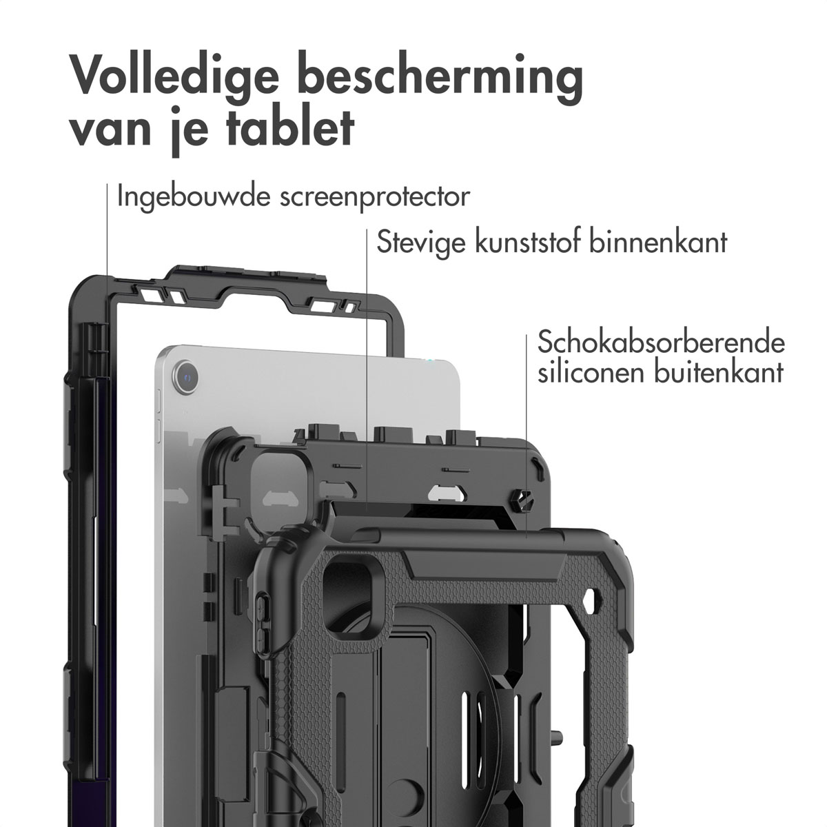 Vue éclatée d'un étui de tablette. Les couches sont visibles : protecteur d'écran, plastique dur et silicone.