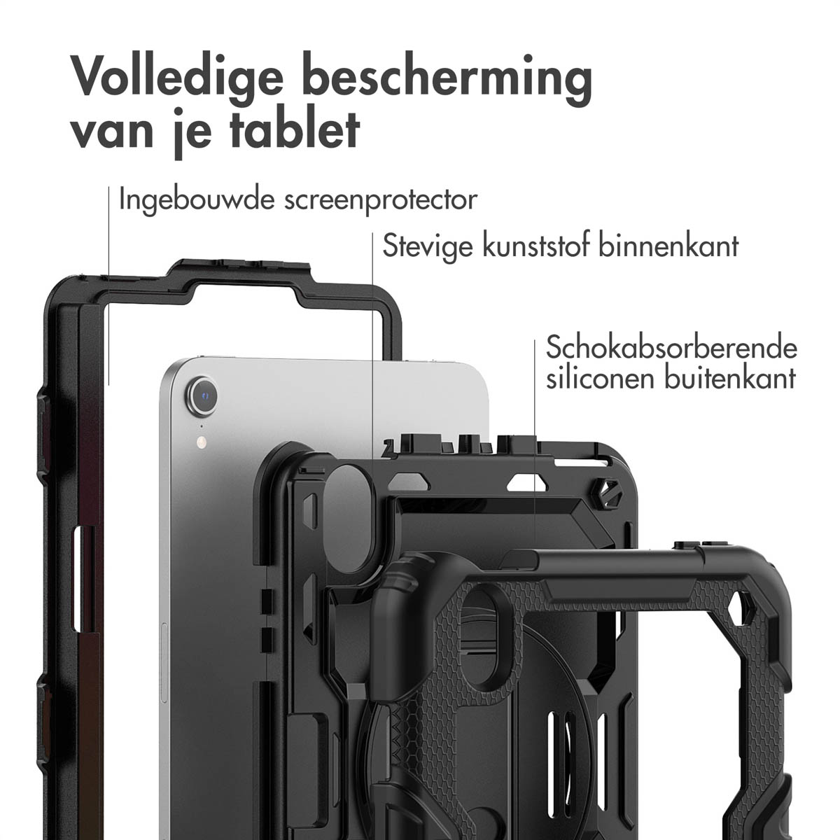 An exploded view of a tablet case. Layers are visible: screen protector, hard plastic, and silicone.
