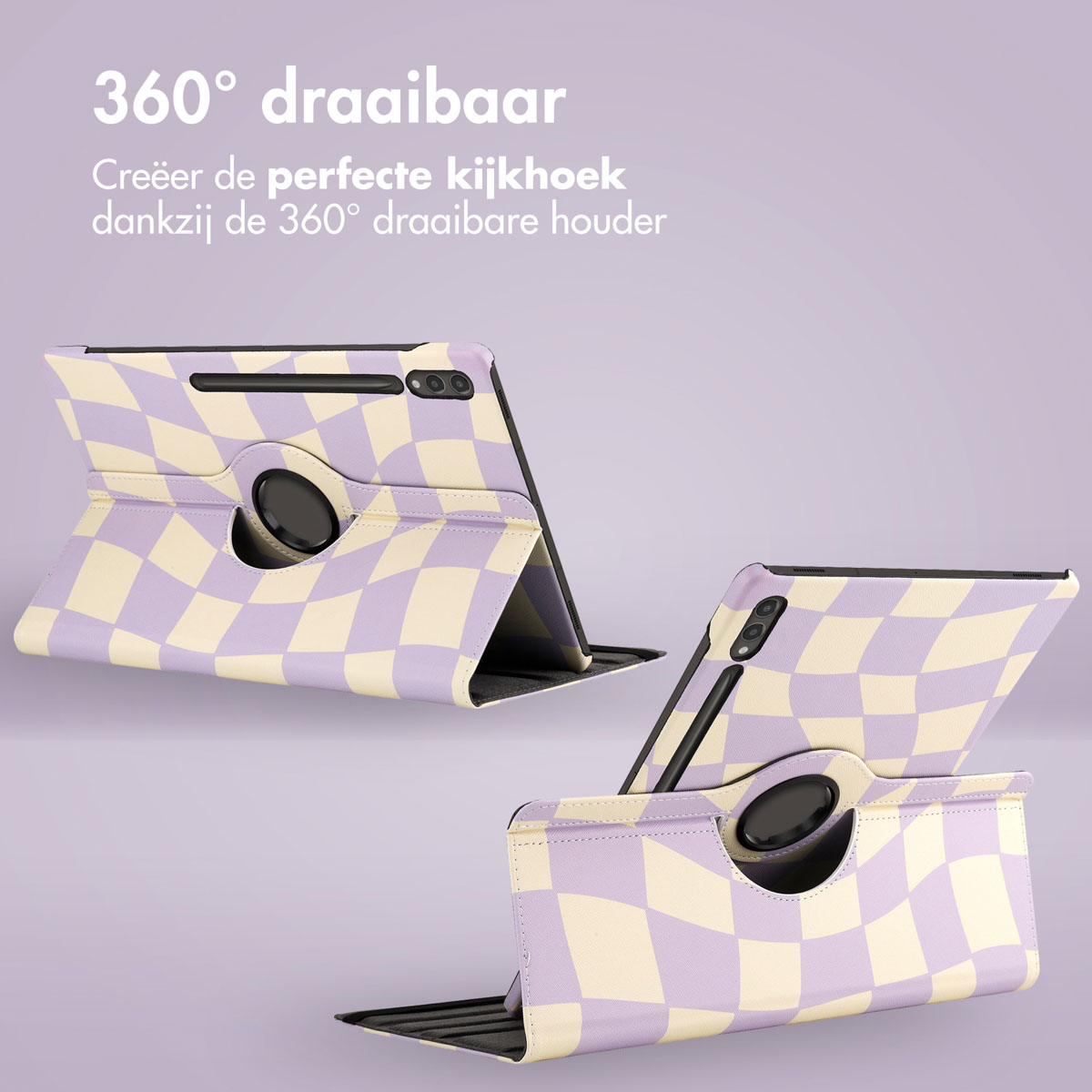 Paarse geruite tablethoes met een draaibare standaard. Tekst: 360° draaibaar. Creeër de perfecte kijkhoek.