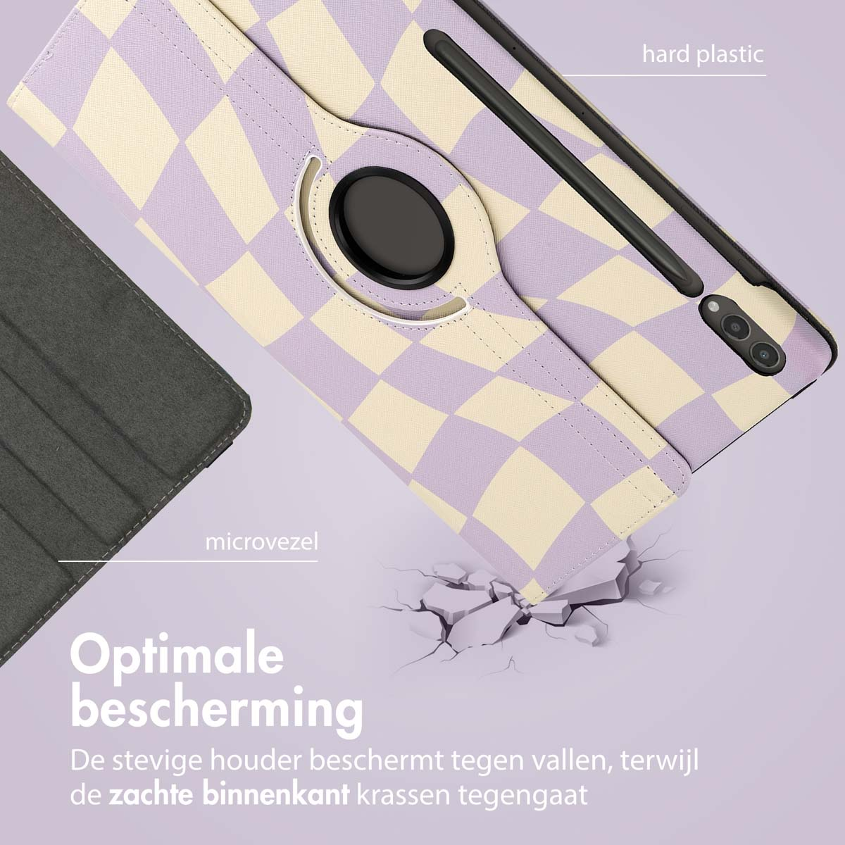 Tablethoes met een geruit ontwerp, met tekst en de kenmerken van de hoes, op een paarse achtergrond.