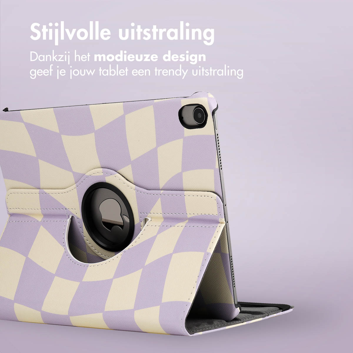 Un étui de tablette avec un motif à carreaux, montrant une tablette, sur un fond violet.