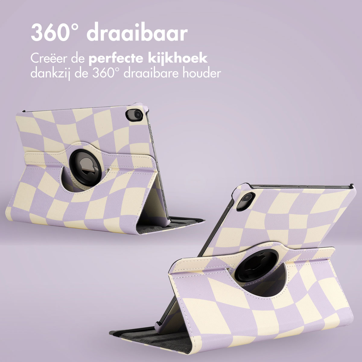 Deux étuis de tablette avec des motifs à carreaux, affichant différents angles, sur un fond violet.
