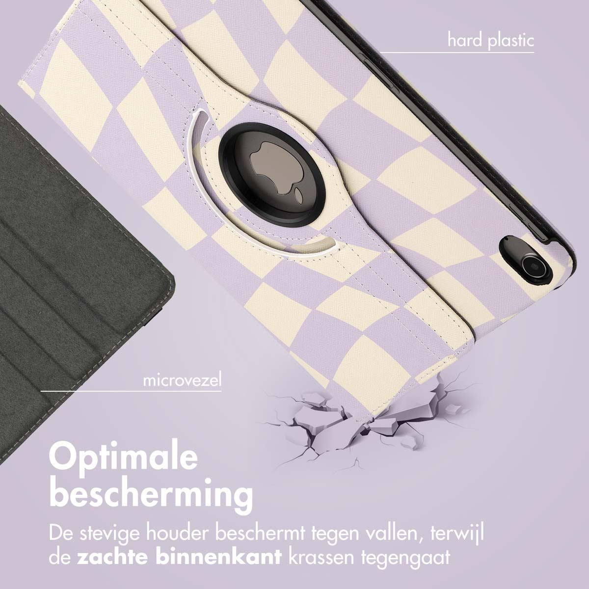 Étui de tablette avec un motif à carreaux, avec un support rotatif. Texte : Optimale bescherming. De stevige houder.