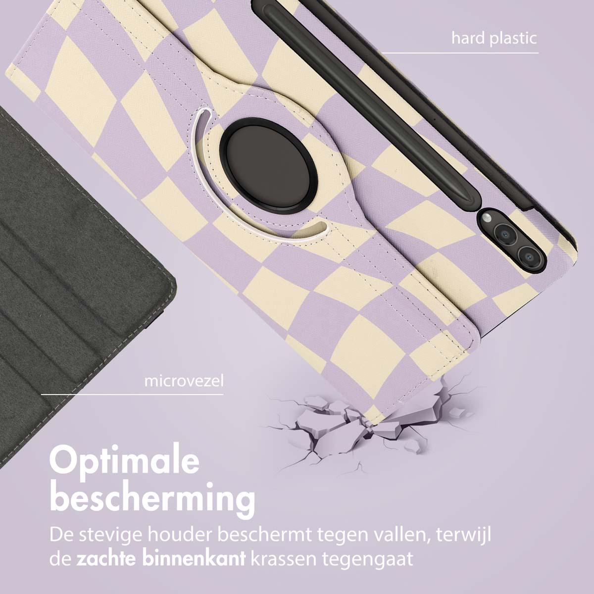 Tablet case with a checkered design, with text and the case's features, on a purple background.