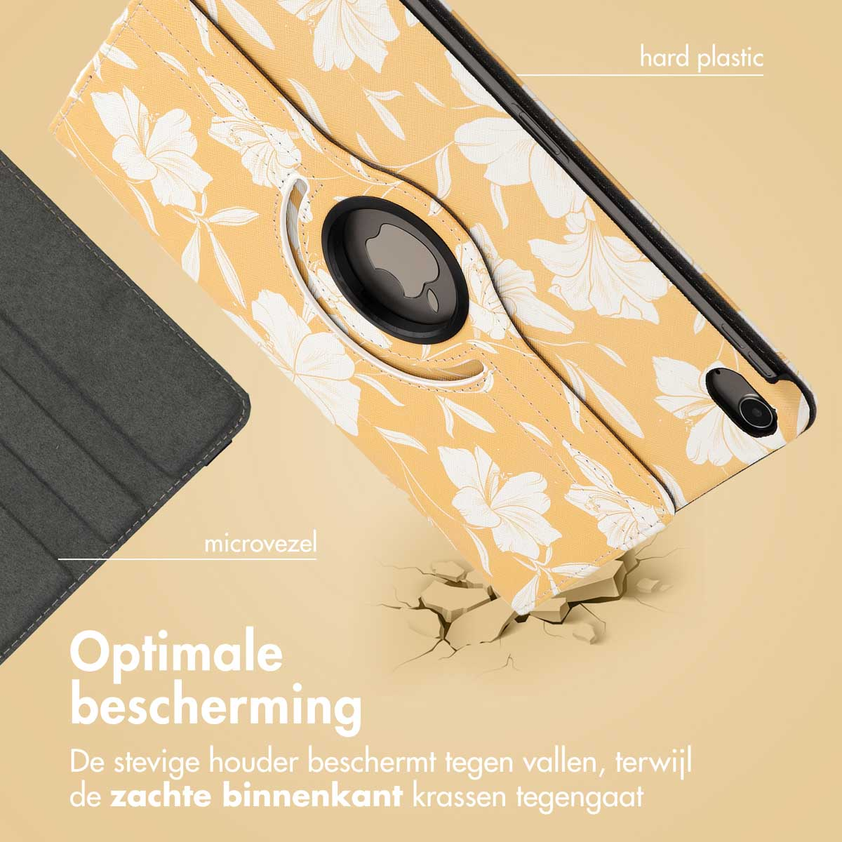 Étui de tablette avec un motif floral, avec du texte et les caractéristiques de l'étui, sur fond jaune.