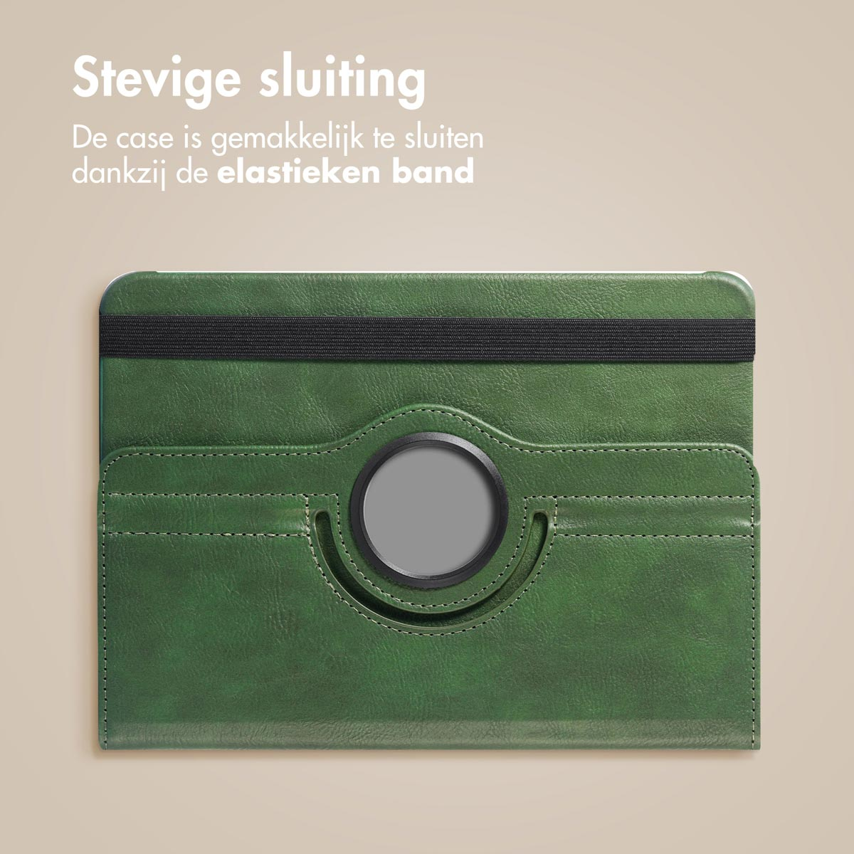 A green tablet case with an elastic band closure, showing a tablet, on a beige background.