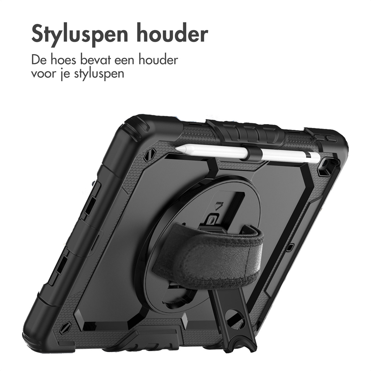 Étui de tablette noir avec stylet. L'étui est doté d'une sangle et d'un support. Un stylet blanc est inséré.