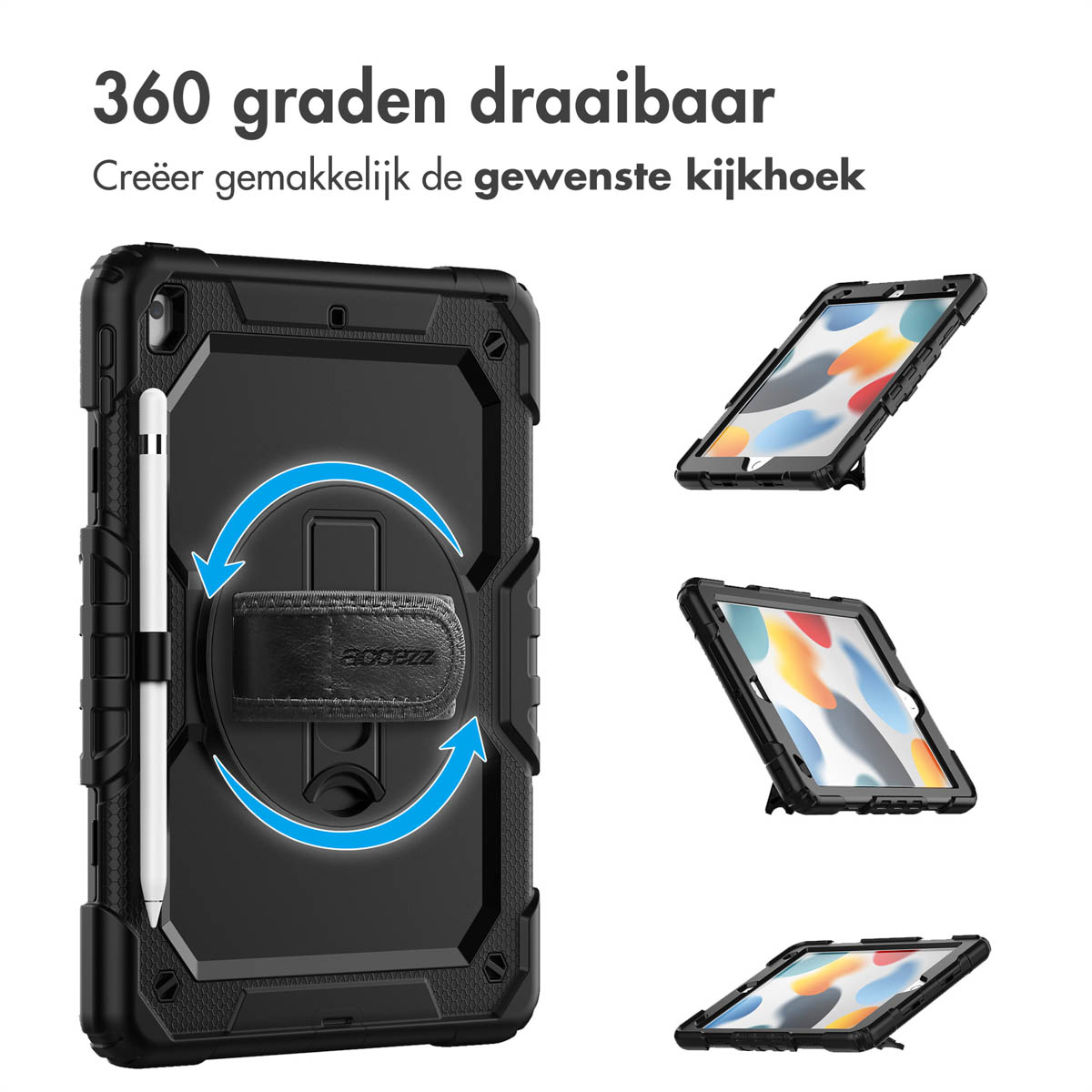Custodia per tablet nera con cinturino e supporto. Tre tablet sono visualizzati da diverse angolazioni. È collegato uno stilo.