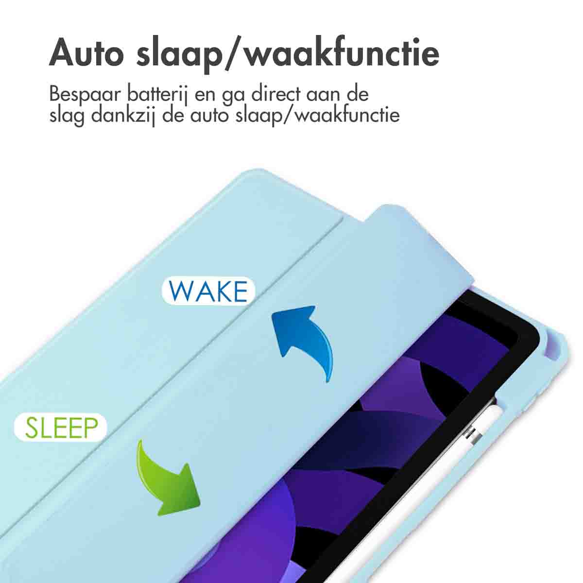 Light blue tablet case open with a blue arrow labeled WAKE and a green arrow labeled SLEEP.