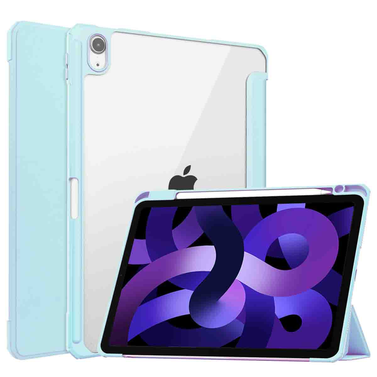 A light blue tablet case, opened, and a tablet inside. The tablet has a pen attached. The apple logo is visible.