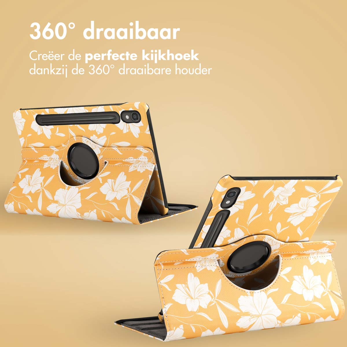 Two tablets in a yellow floral case. The tablets are in different positions.
