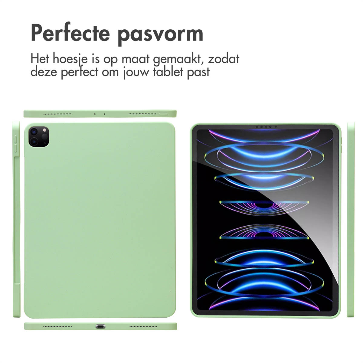 Green tablet case, side and top views. Text: Perfect fit.