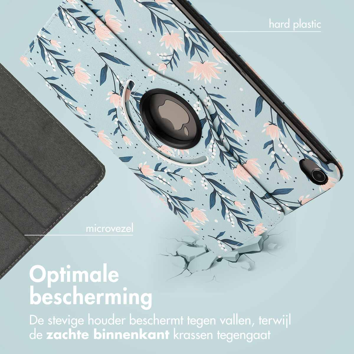 Housse de tablette à motif floral en deux positions. La housse est sur un sol brisé. Texte : Protection optimale.