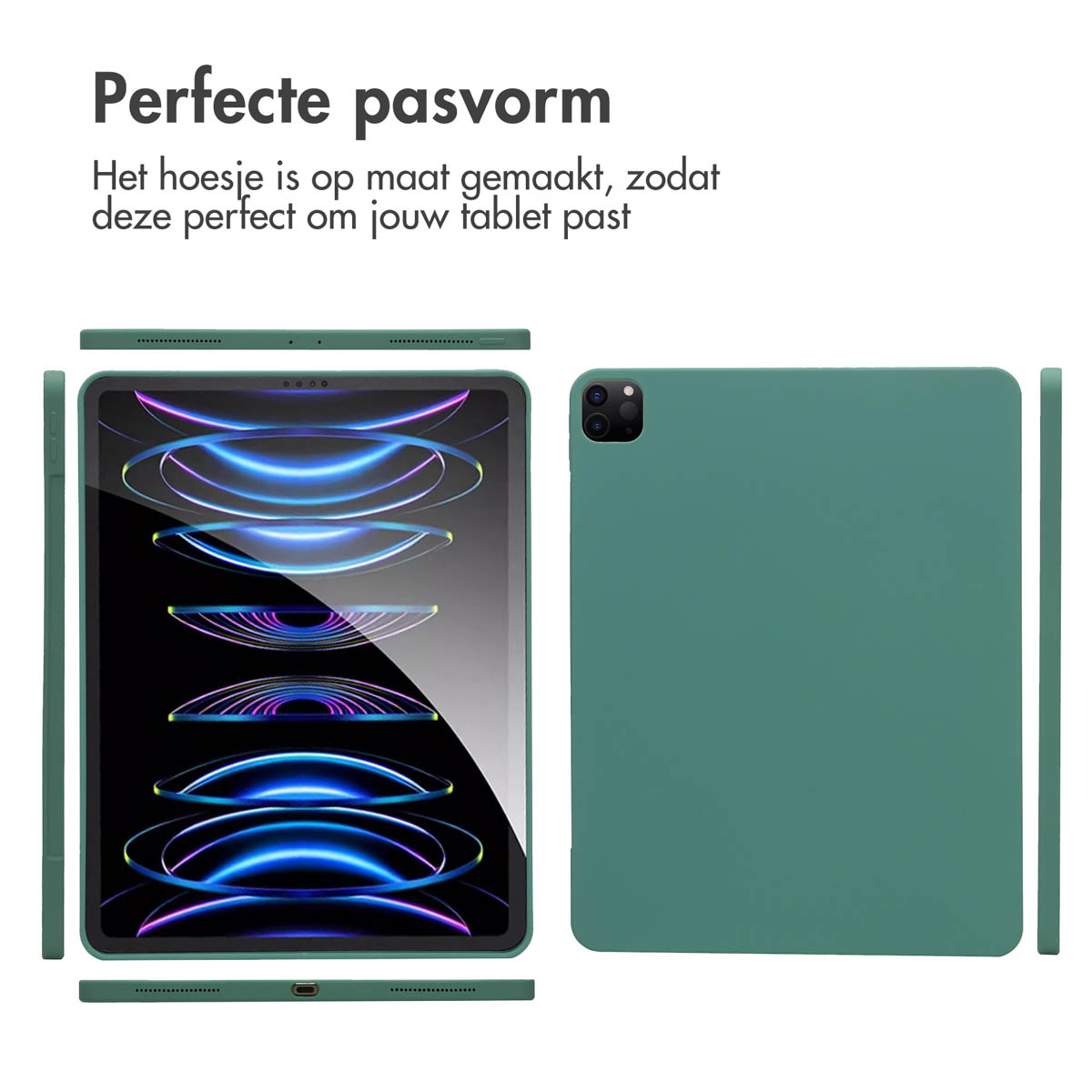 Groene tablethoes, zij- en bovenaanzicht. Tekst: Perfecte pasvorm.