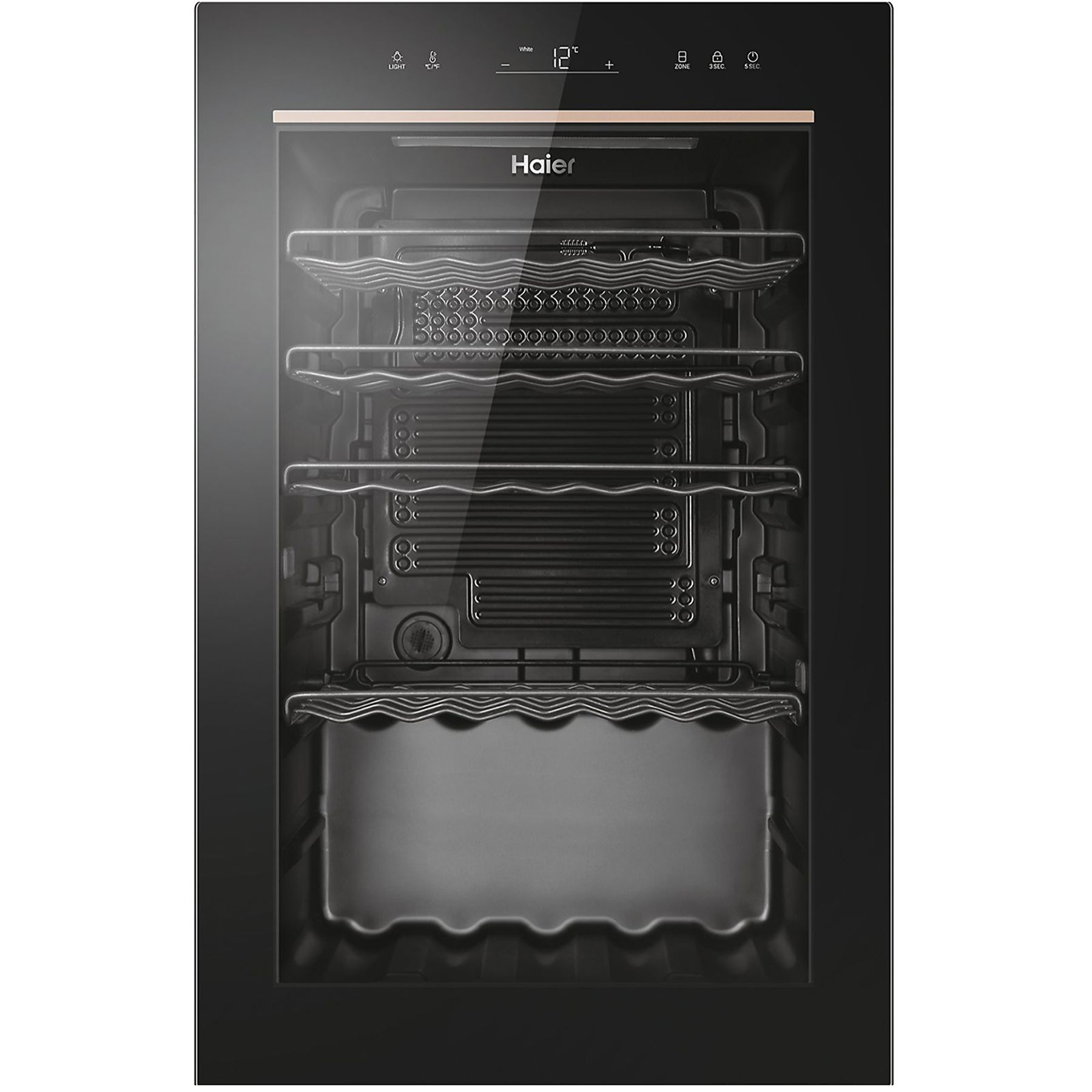 Czarna chłodziarka do wina ze szklanymi drzwiami. Widoczne półki. Logo Haier u góry. Wyświetlacz temp.