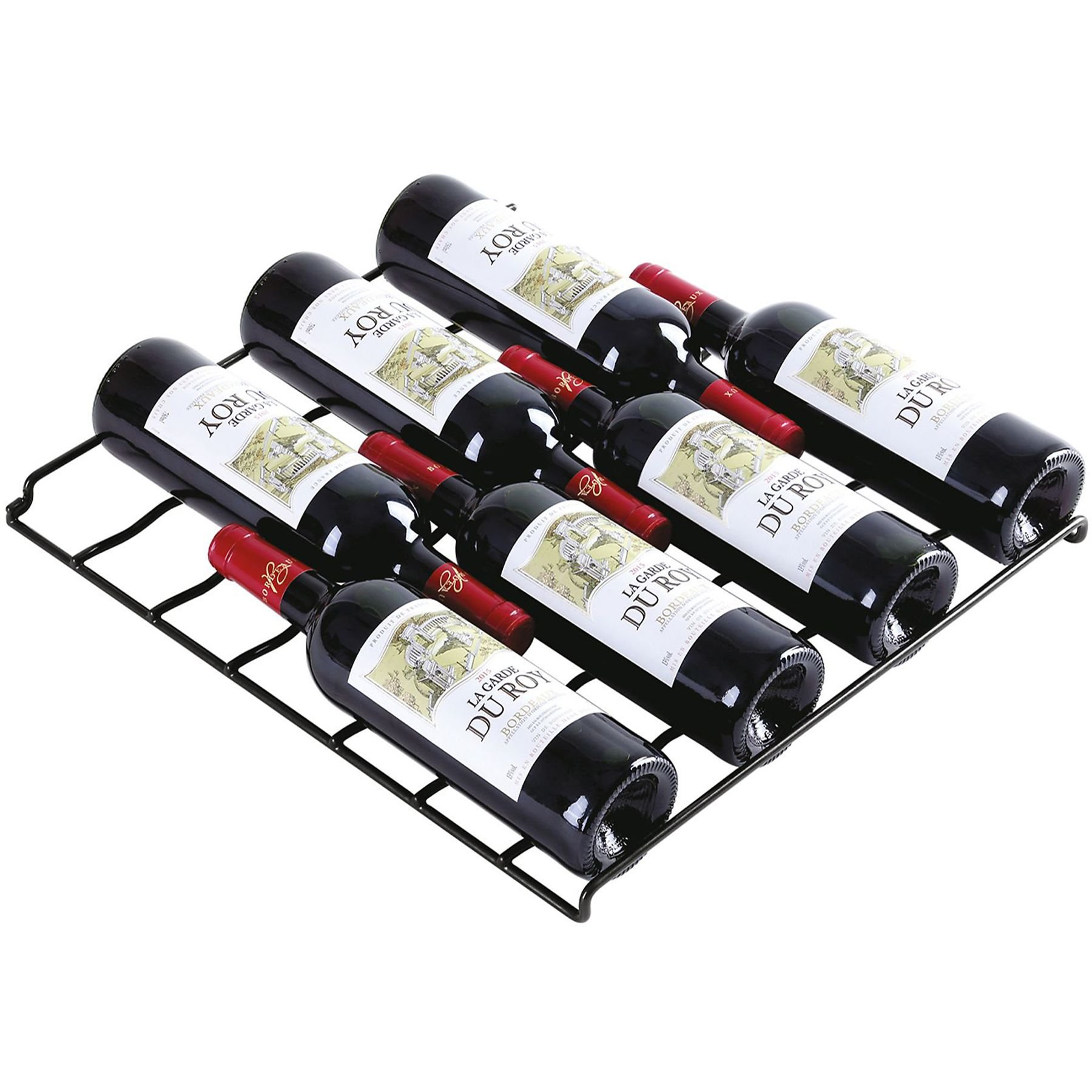 Czarny metalowy stojak na wino z butelkami. Widoczne butelki czerwonego i białego wina.