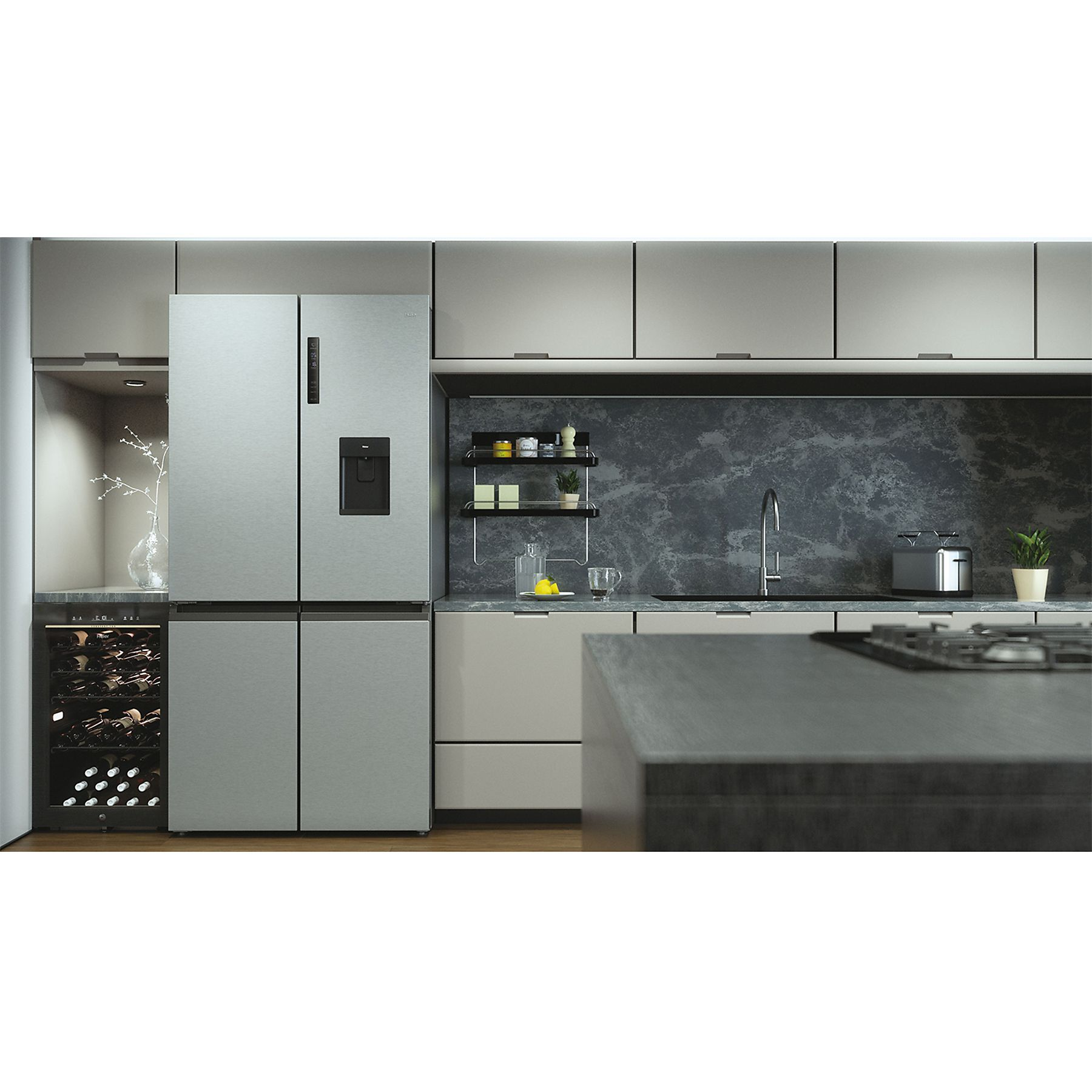Nowoczesna kuchnia ze stalową lodówką i chłodziarką do wina. Dominują neutralne odcienie. Widoczny blat i szafki.