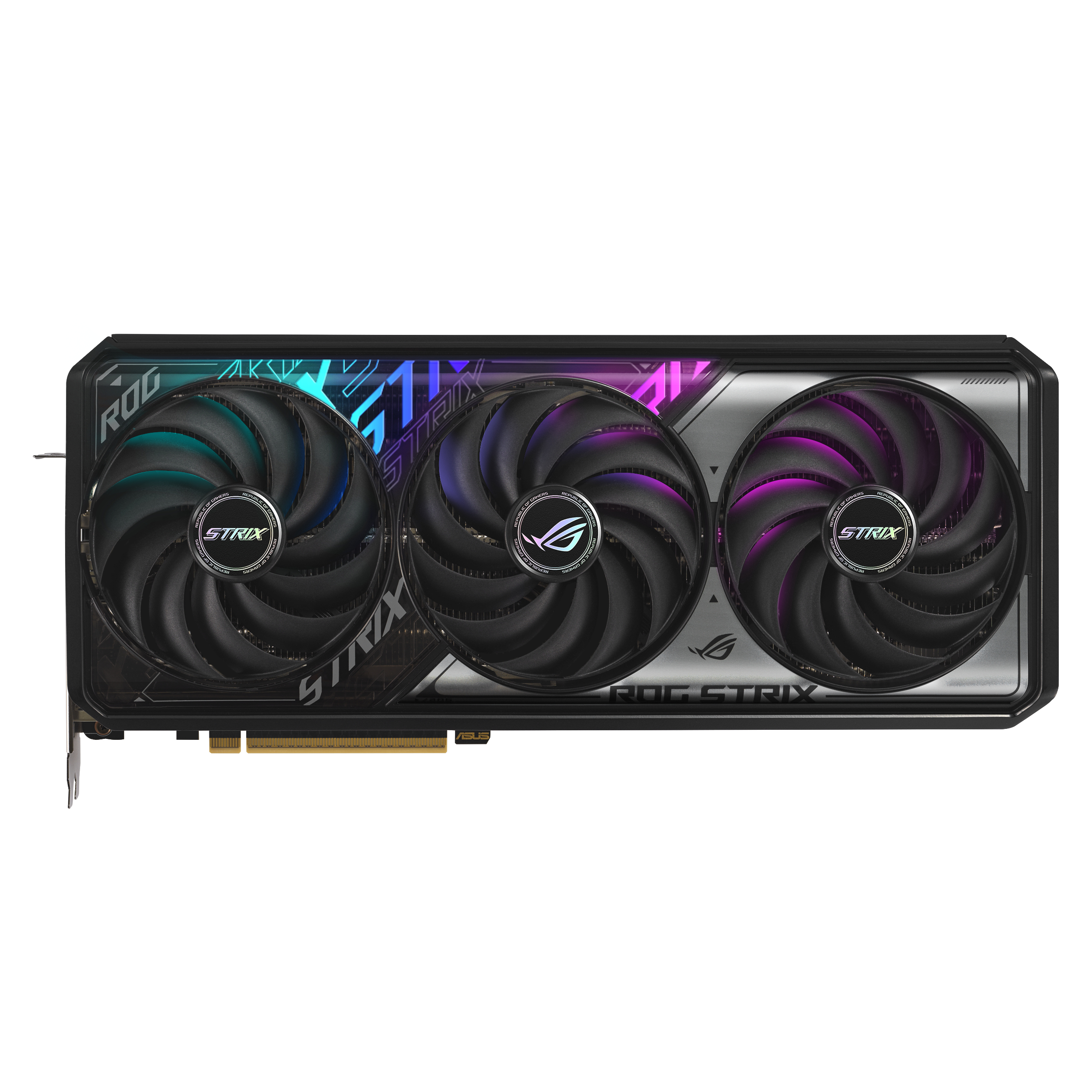Grafikkarte mit drei Lüftern, schwarzem Gehäuse und farbiger Beleuchtung. Text: ROG STRIX und GeForce RTX.