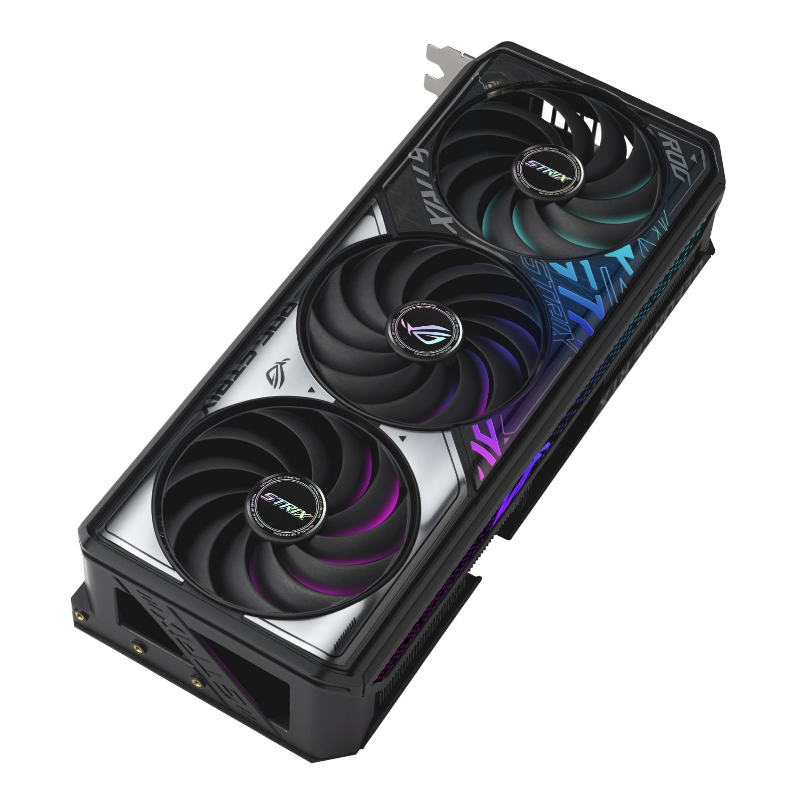 Grafische kaart met drie ventilatoren, zwarte behuizing en kleurrijke verlichting. Tekst: ROG STRIX en GeForce RTX.