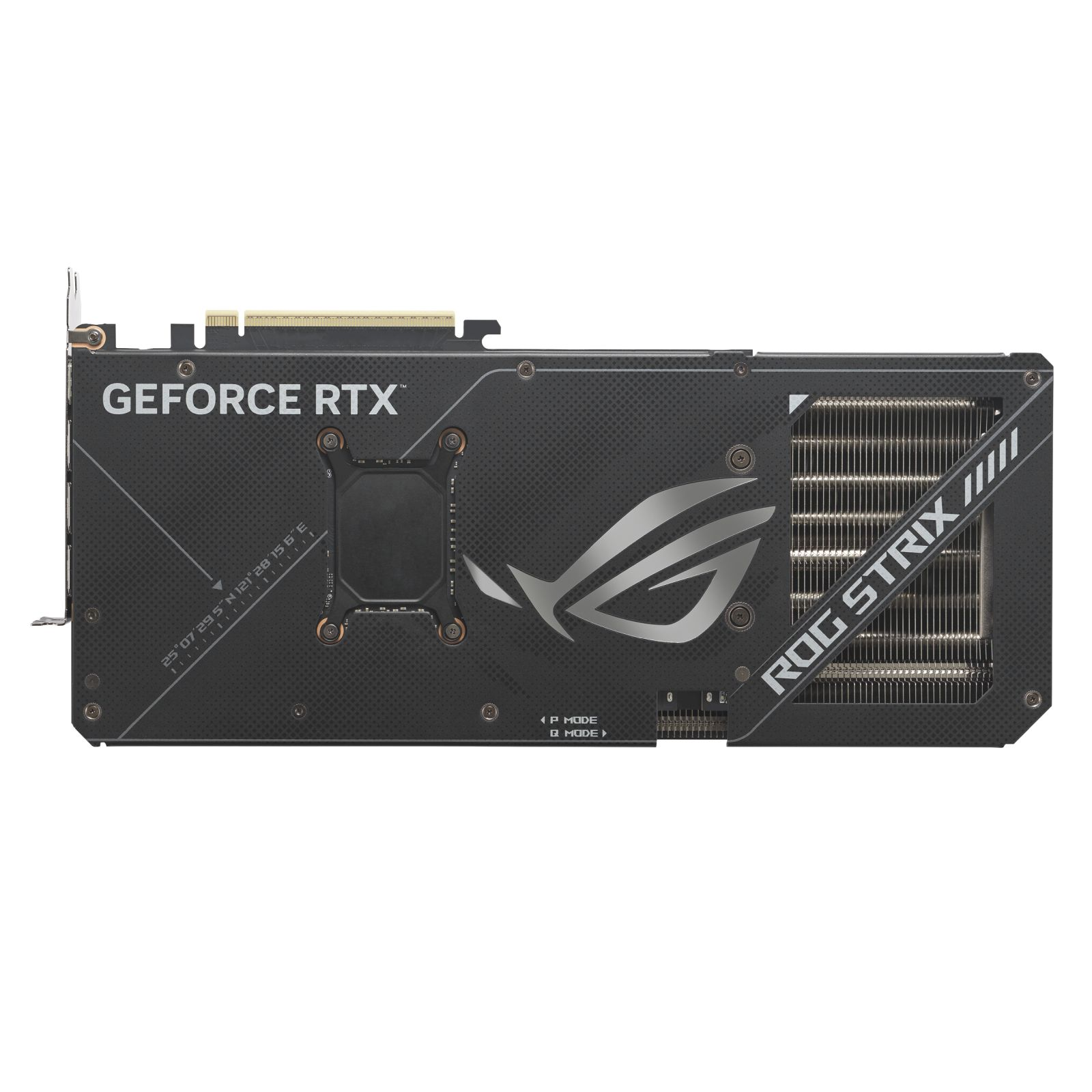 Achterkant grafische kaart, zwart, met tekst 'GEFORCE RTX' en 'ROG STRIX'. Heeft poorten en koelribben.