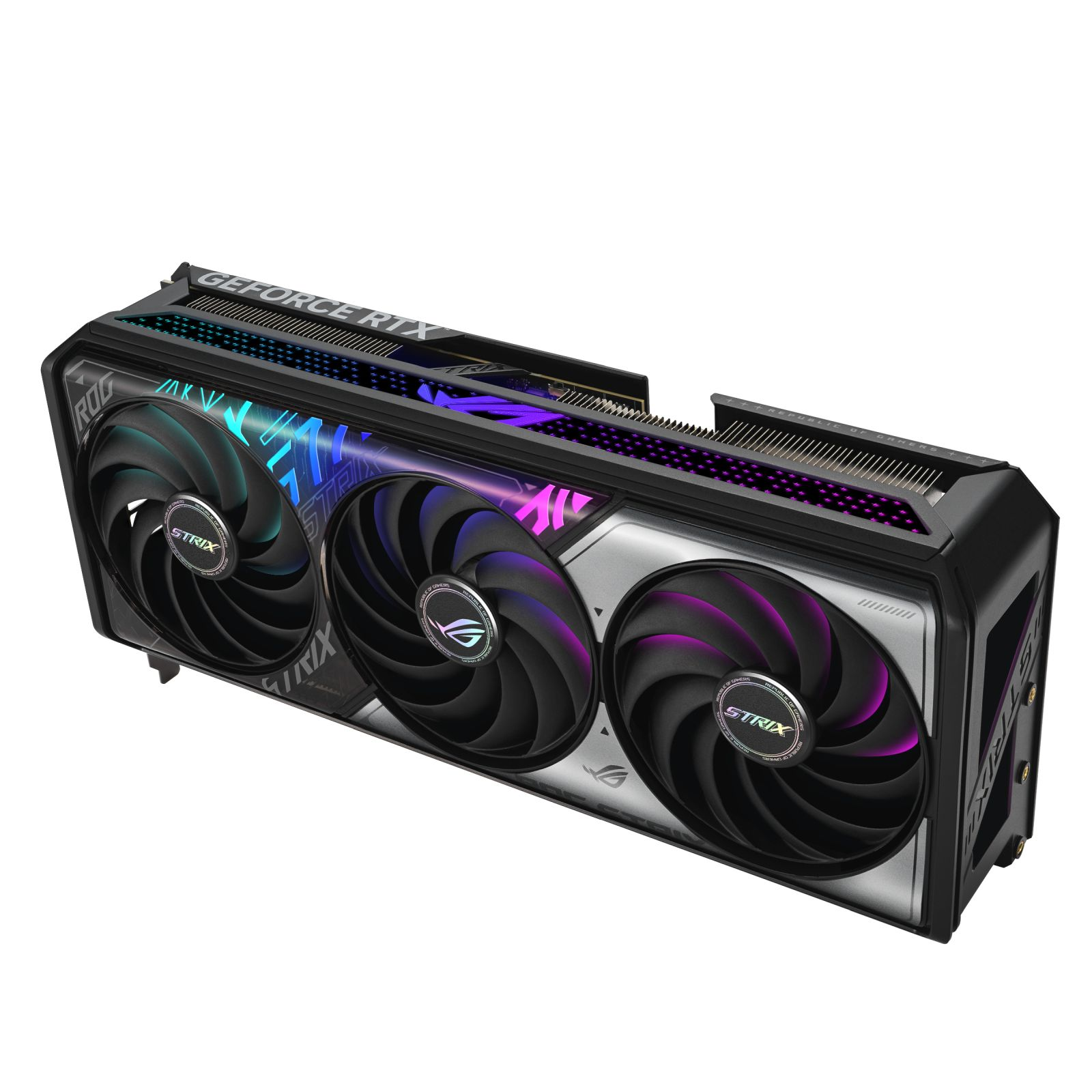 Grafische kaart met drie ventilatoren, zwarte behuizing en kleurrijke verlichting. Tekst: GeForce RTX en ROG STRIX.
