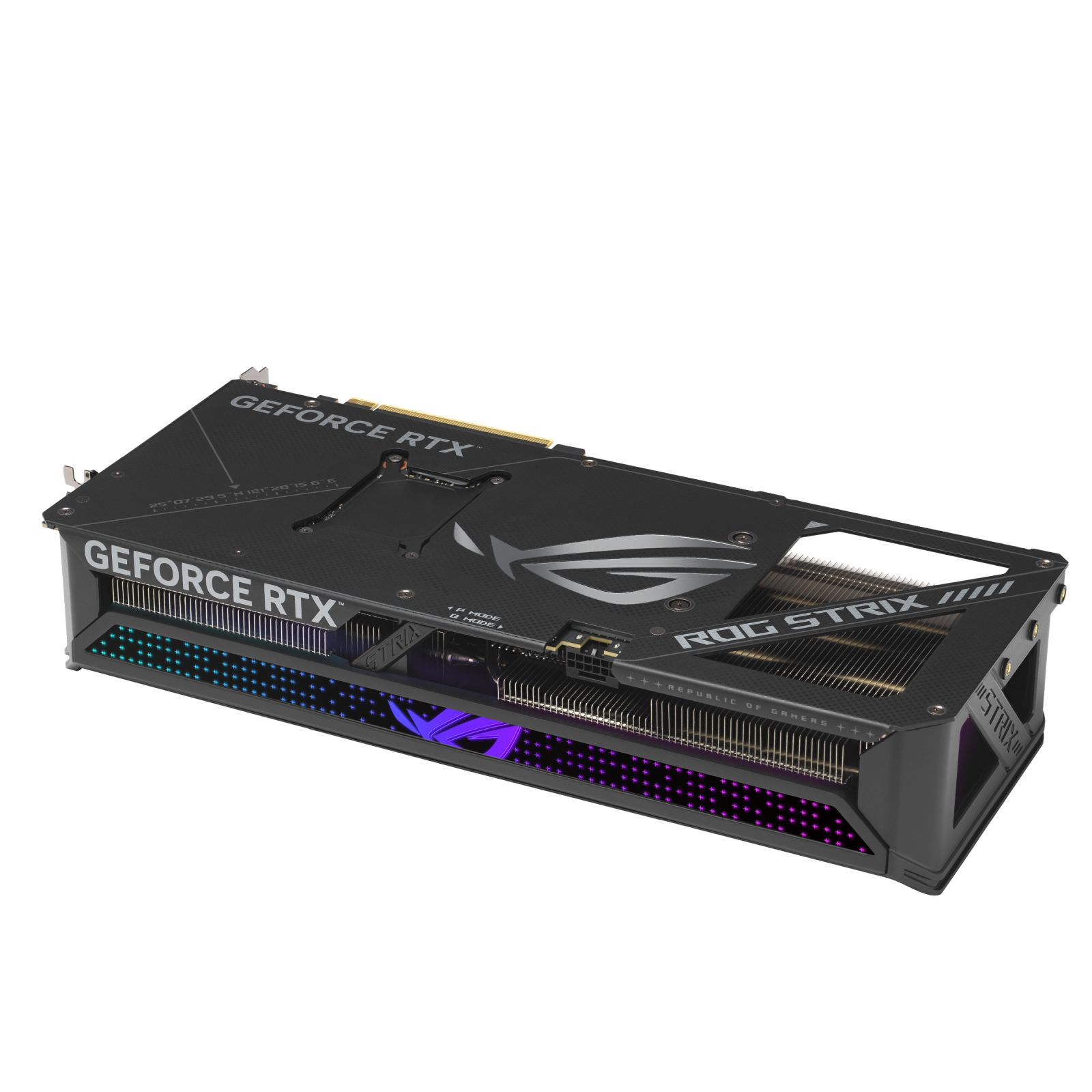 Grafische kaart, zwarte behuizing, tekst 'GEFORCE RTX' en 'ROG STRIX'. Kleurrijke verlichting zichtbaar.