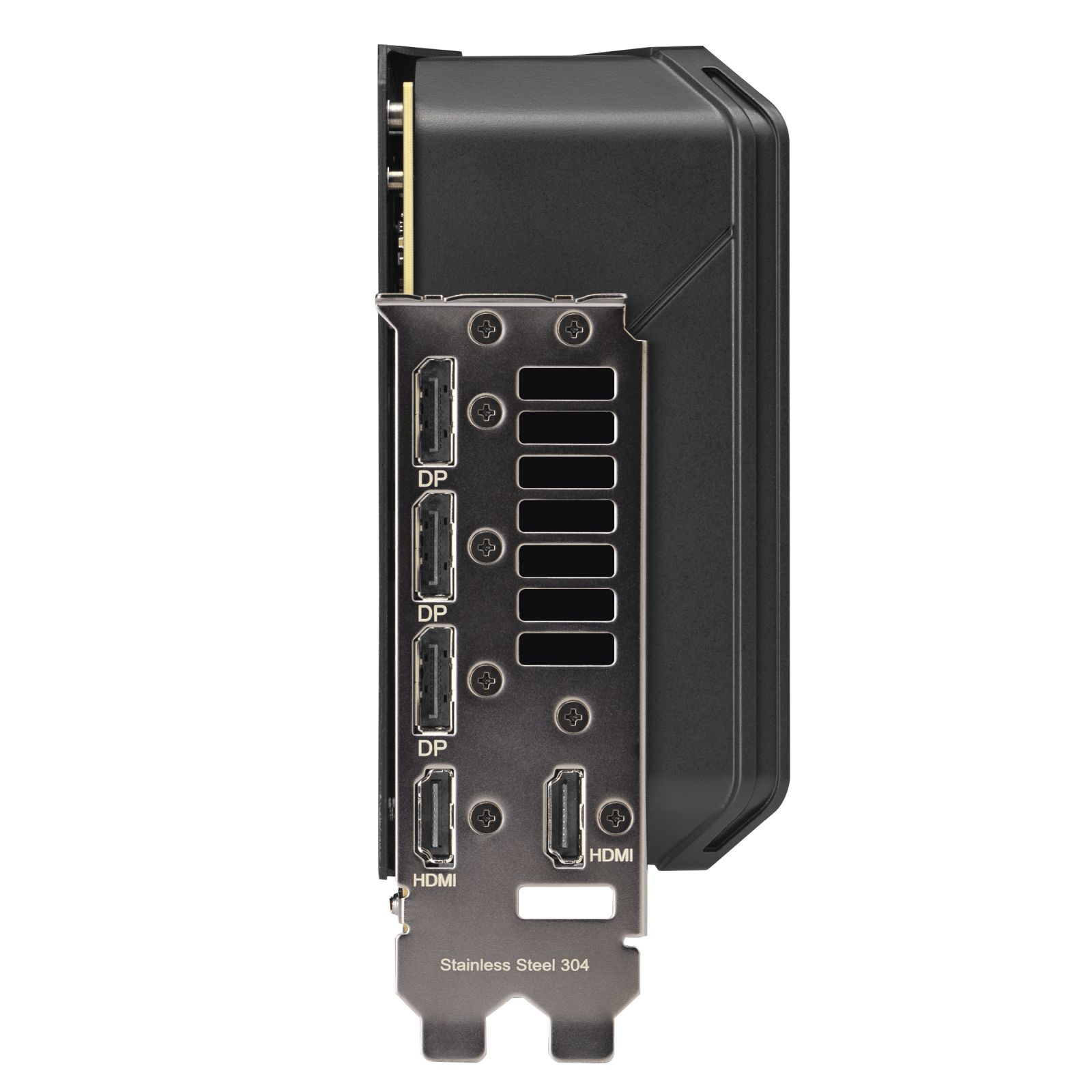Zijaanzicht van een grafische kaart. Heeft verschillende poorten, waaronder HDMI en DisplayPort, met tekst 'Stainless Steel 304'.