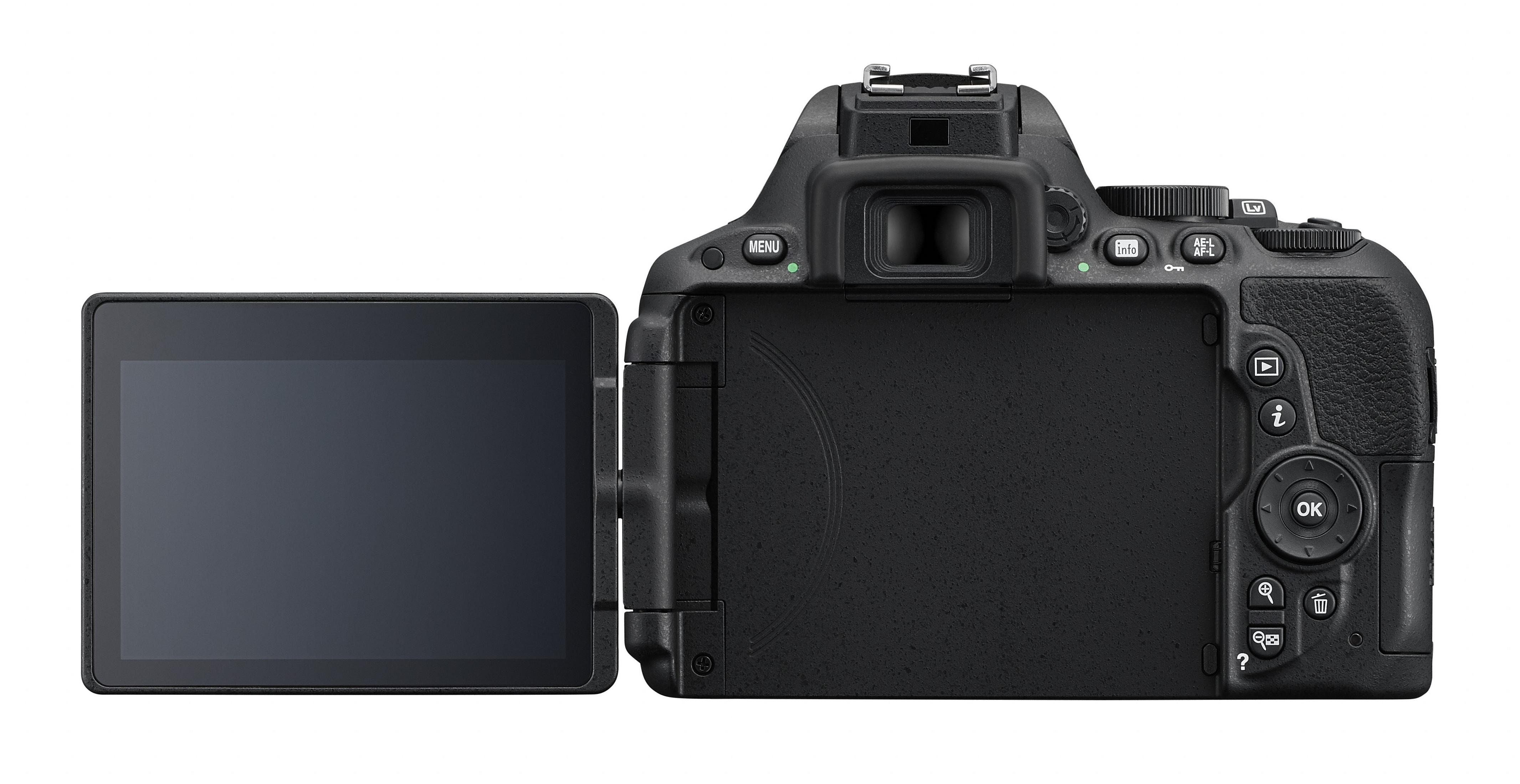 Retrocamera Nikon DSLR nera con schermo aperto, su sfondo bianco.