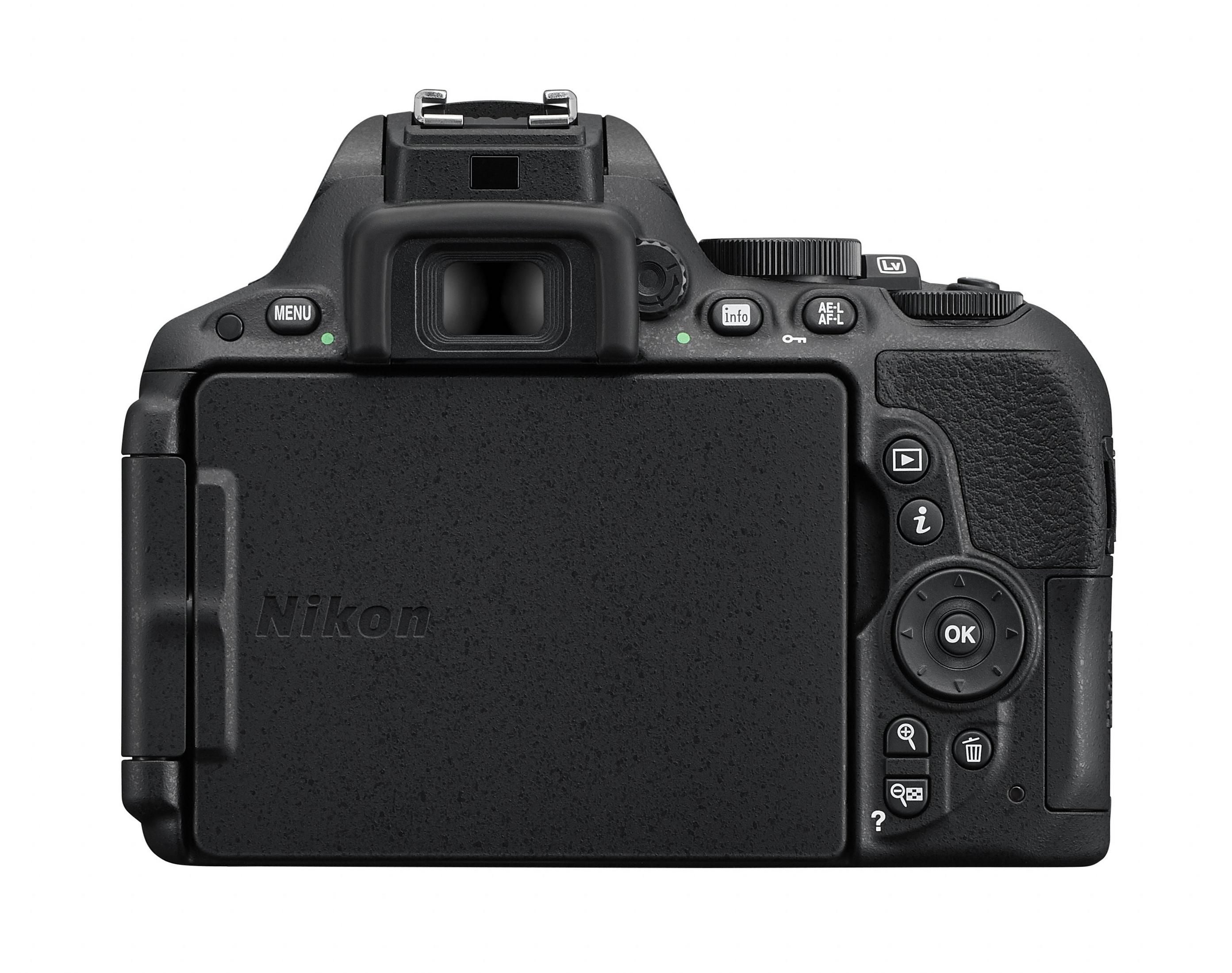 Il retro di una fotocamera Nikon nera con pulsanti, schermo e logo Nikon.