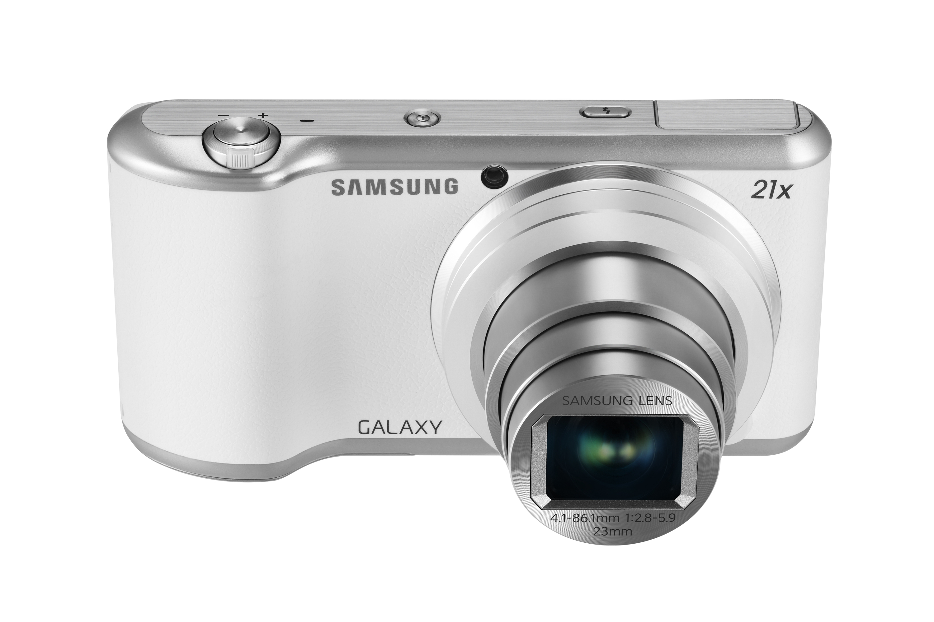 White Samsung Galaxy camera, front view. Silver accents, black lens, and the word GALAXY on a white background.