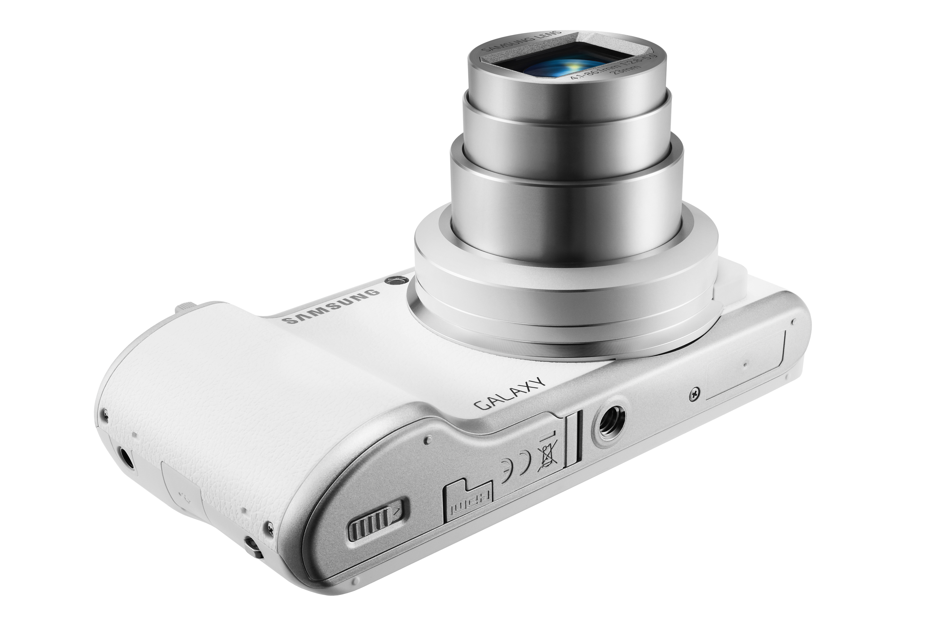 White Samsung Galaxy camera from above. Silver lens, white body, and the word GALAXY are visible on a white background.