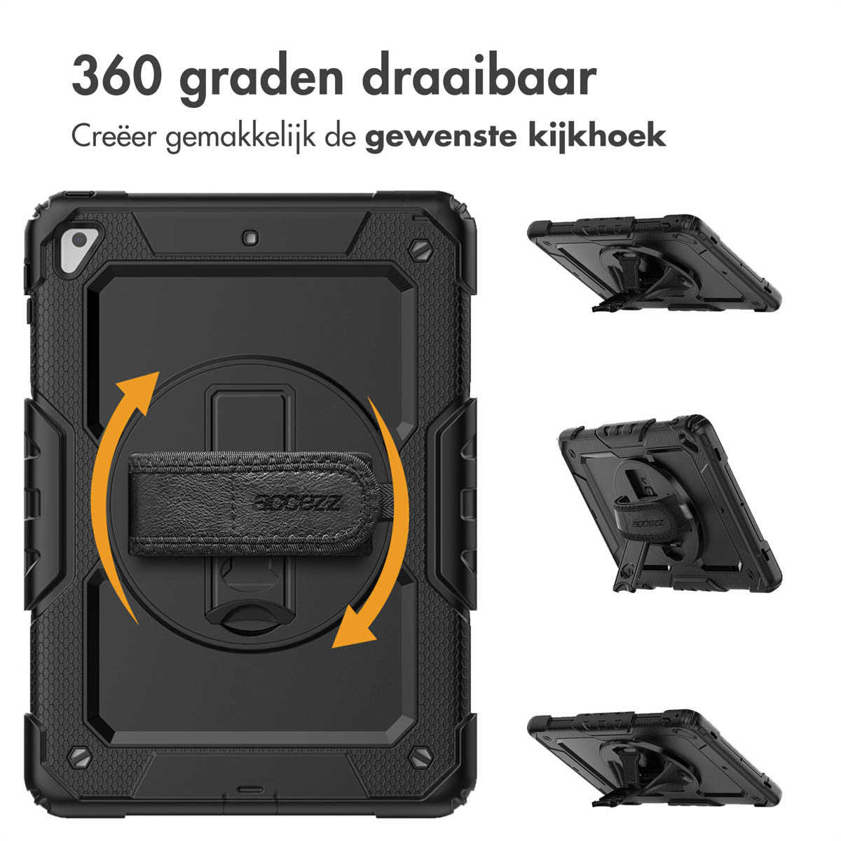 Étui de tablette noir avec support rotatif. Texte en néerlandais: rotatif à 360 degrés, angle de vision souhaité.
