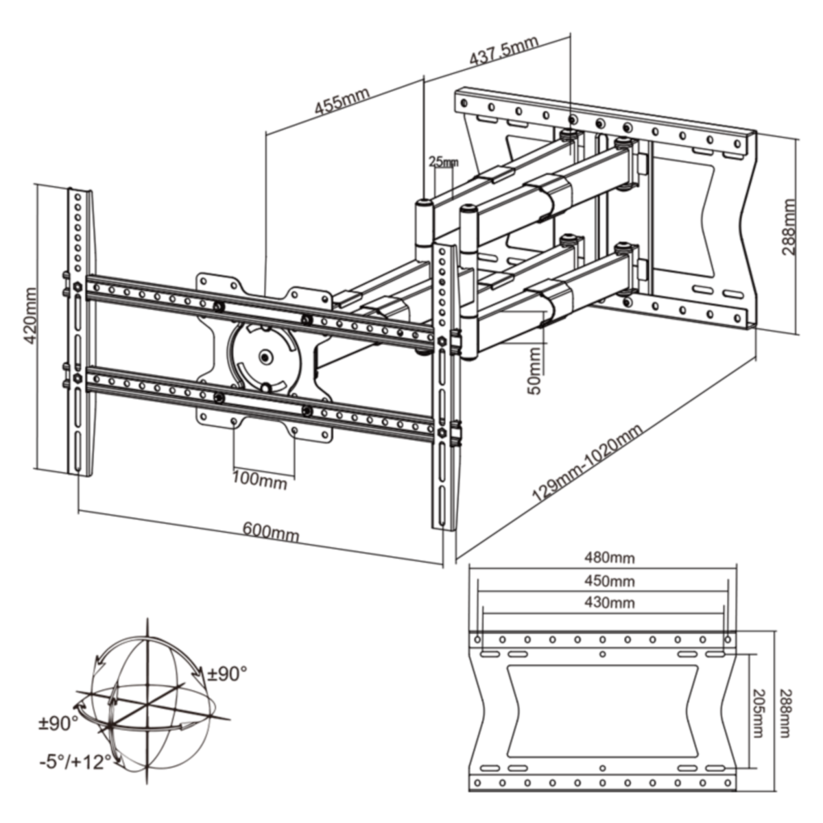 Schéma d'un support TV noir avec dimensions et angles.