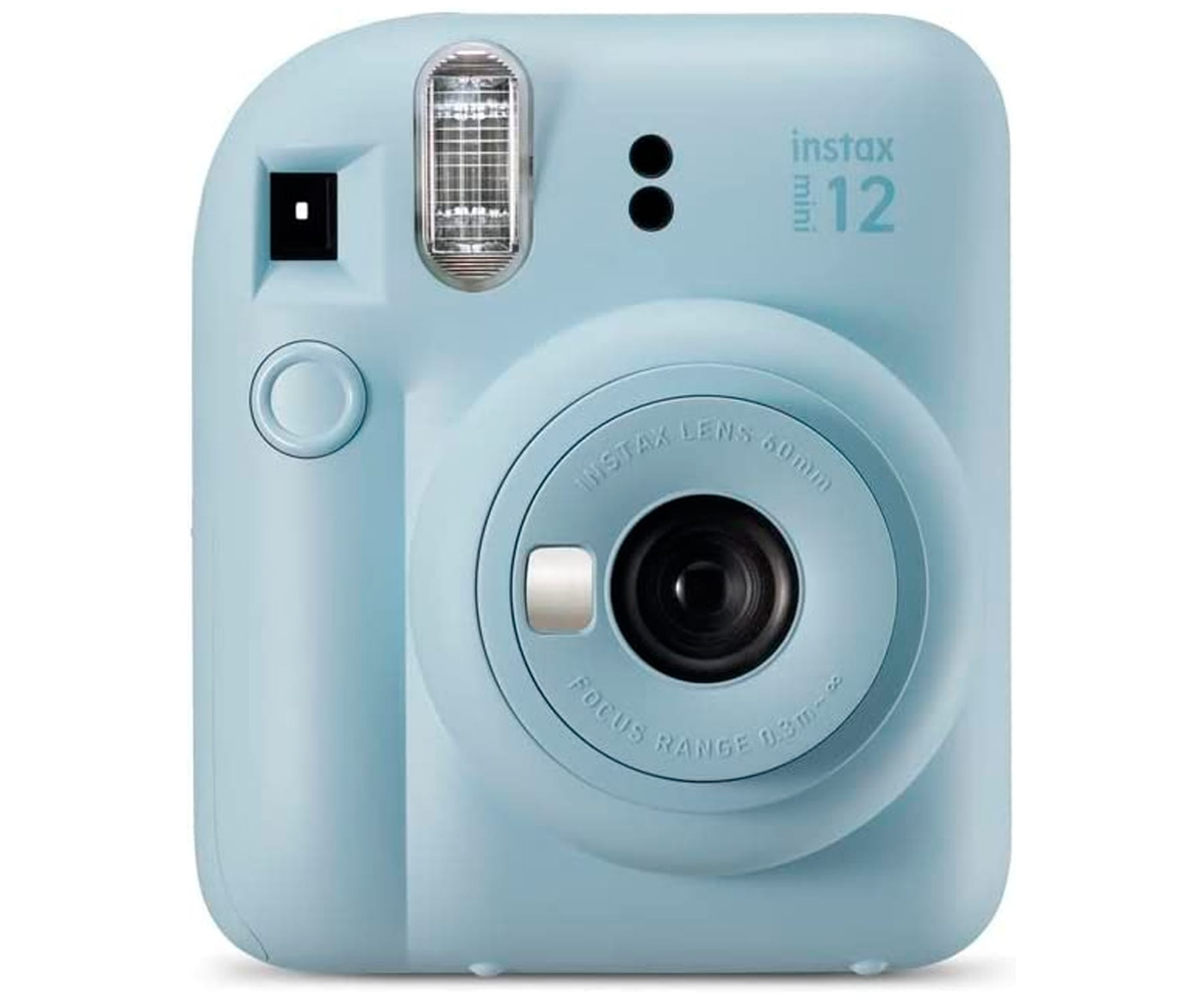 Fotocamera Instax Mini 12 azzurra con obiettivo e flash, su sfondo bianco.