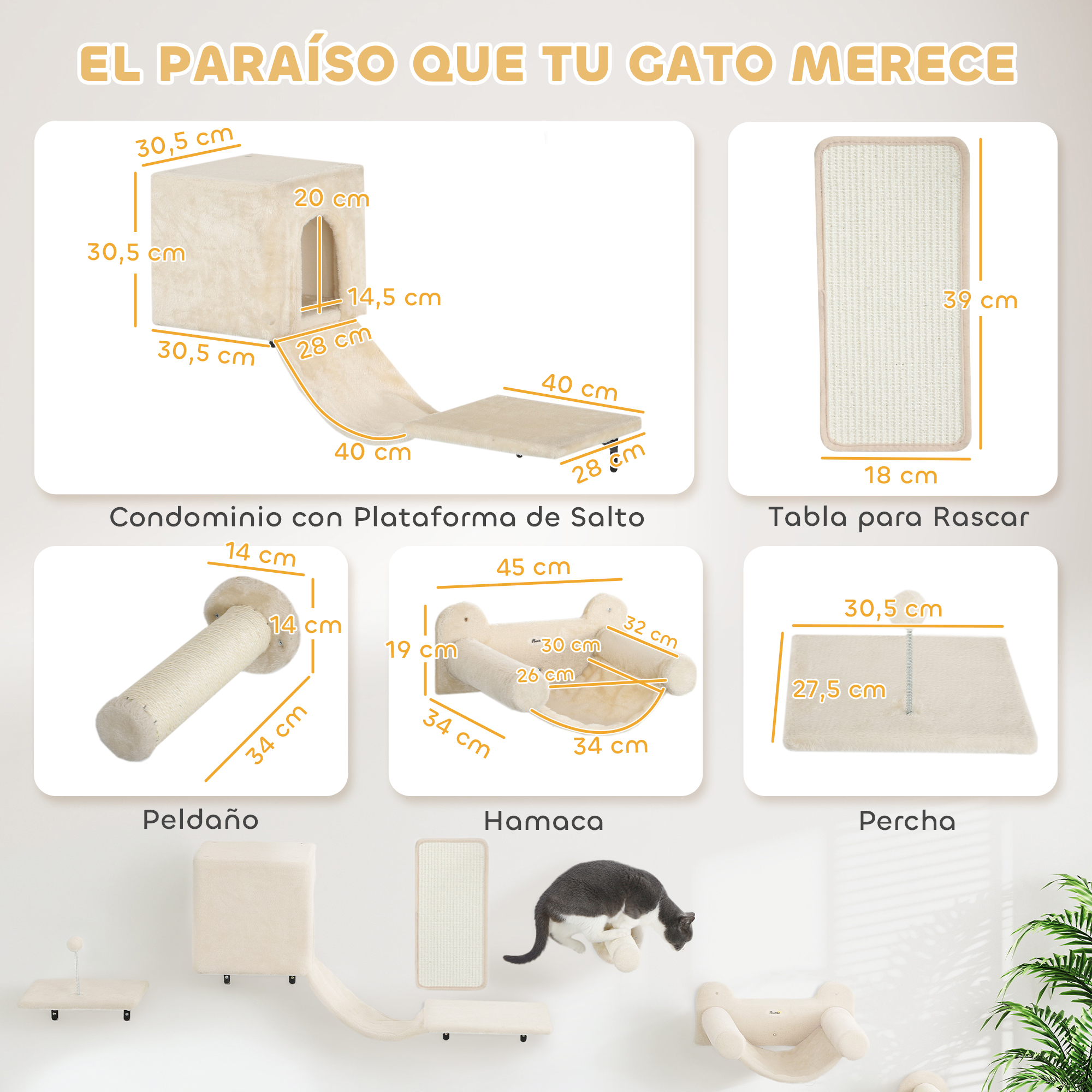 Diagrama con muebles para gatos: condominio, rascador, hamaca, percha y juguetes para gatos, todo beige.