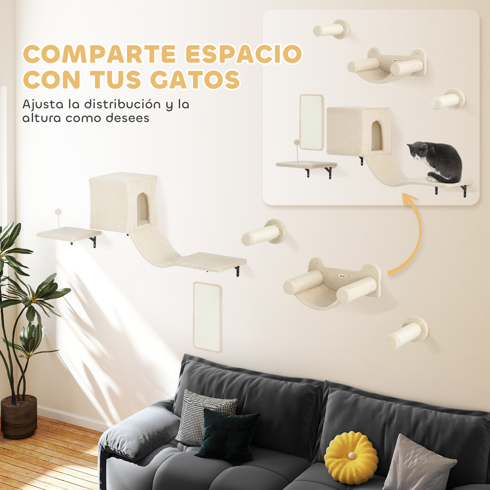 Muebles para gatos en una pared. Un gato está en una plataforma. Un sofá con cojines en primer plano.