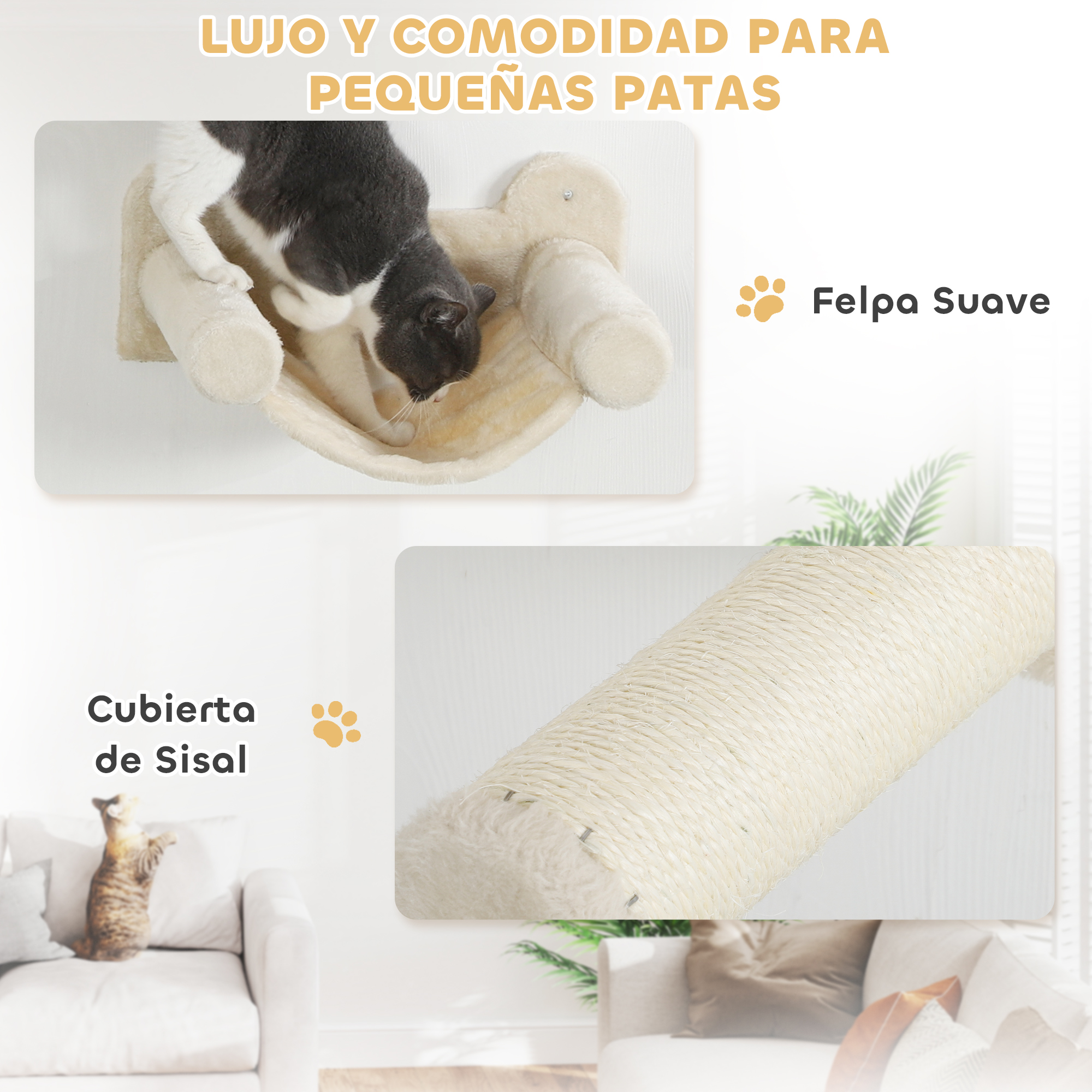 Un gato está en un árbol para gatos beige, con texto e ilustraciones. Un gato araña un poste de sisal.